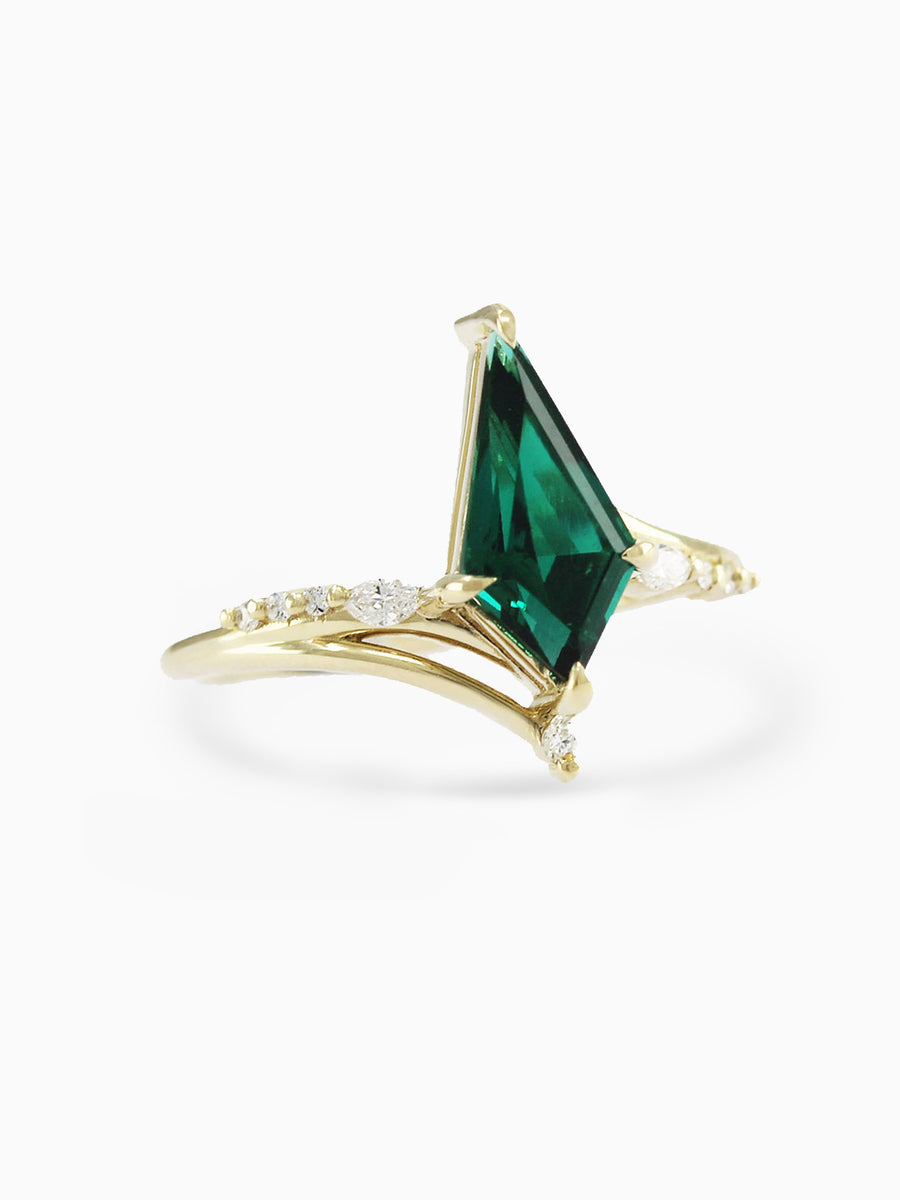 Renee Ring HiddenSpace Emerald Kite 14k Yellow Gold Engagement Ring with Asymmetrical Slope Design Inspired by Art Deco Architecture Marquise Open Band Round Melee Diamonds Marquise Diamond Prong Setting