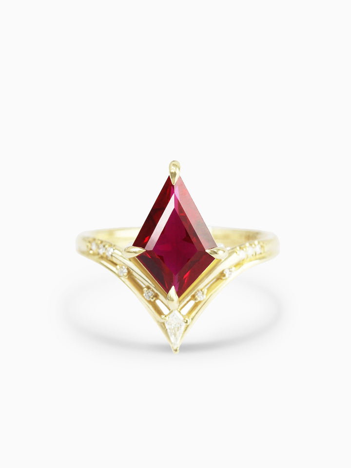 Hiddenspace Engagement Ring Ruby Center Stone 14k Yellow Gold Scarlett Band Maeve Band Alternative Engagement Ring Diamond Alternative Red Wedding Ring Stack Engagement Ring Stack Intricate Engagement Ring Art Deco Inspired Architecture Inspired White Melee Diamonds Prong Setting Kite Shaped Ruby Center Stone