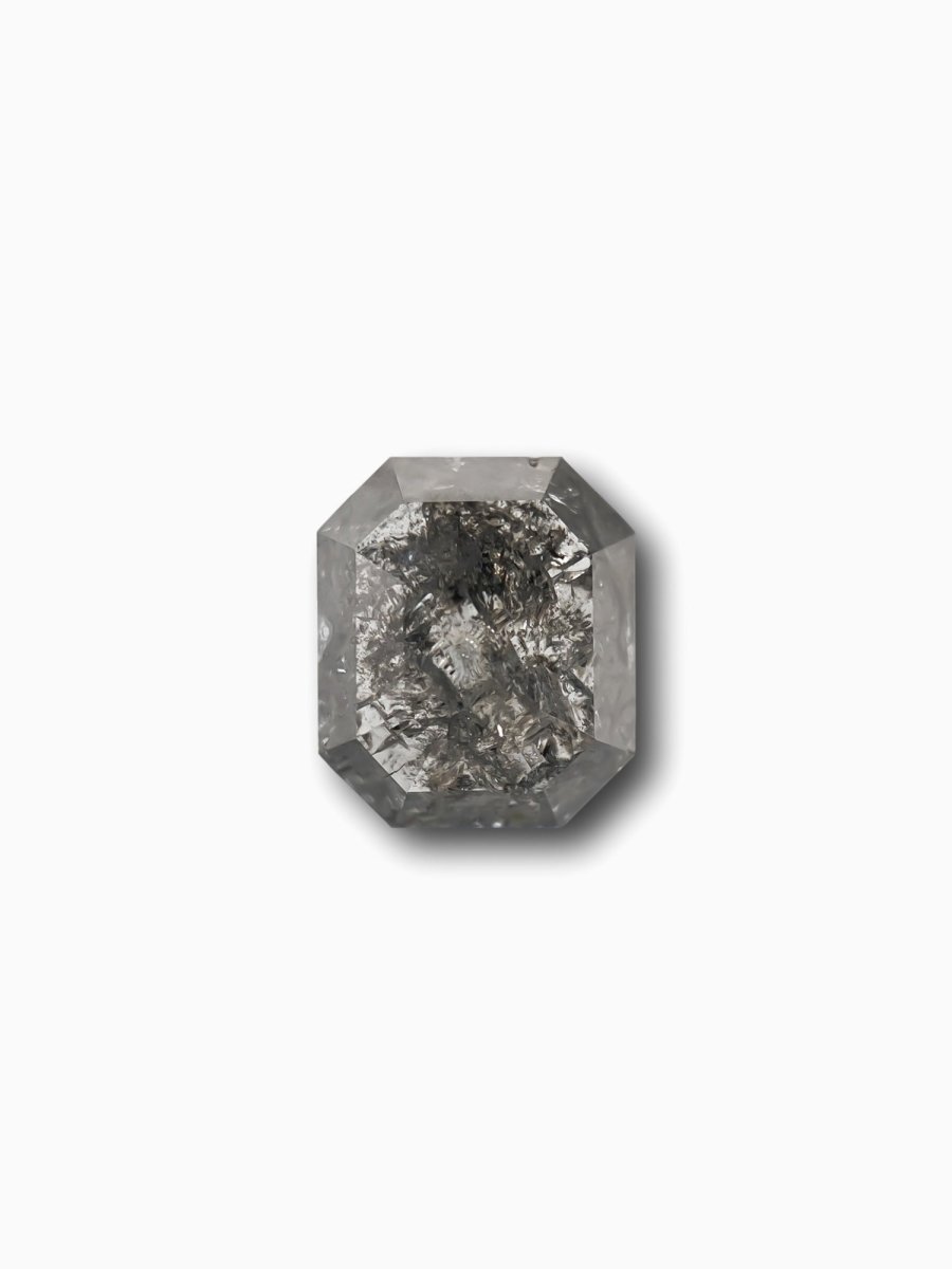 sustainable lab-grown emerald shaped salt pepper diamond on a white background
