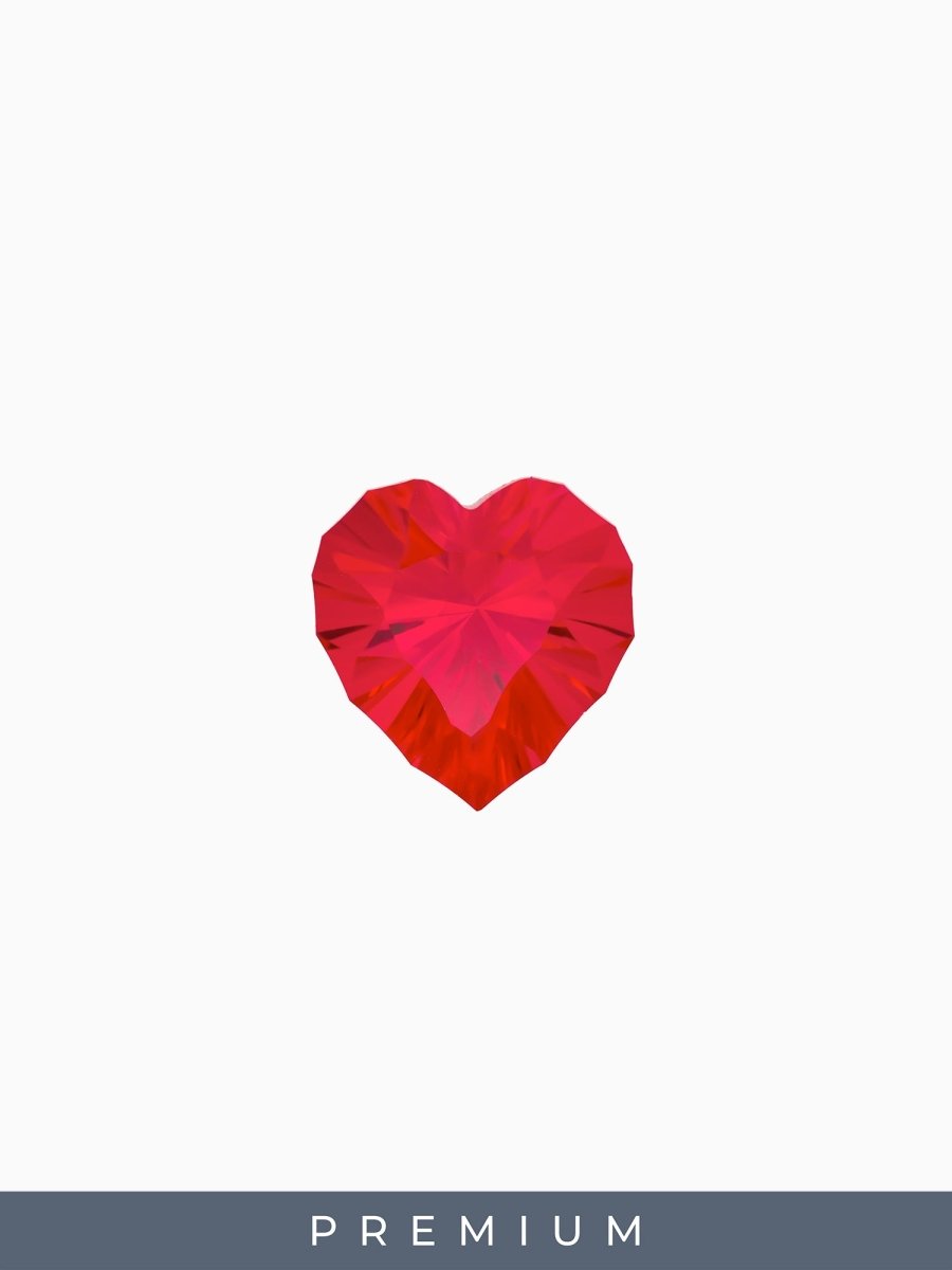 face view of designer cut red heart sapphire on a white background with premium label