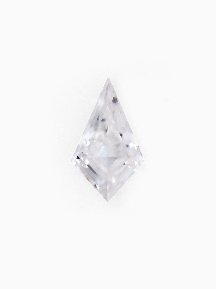top view of loose lab-grown kite moissanite gemstone, sustainable and conflict-free