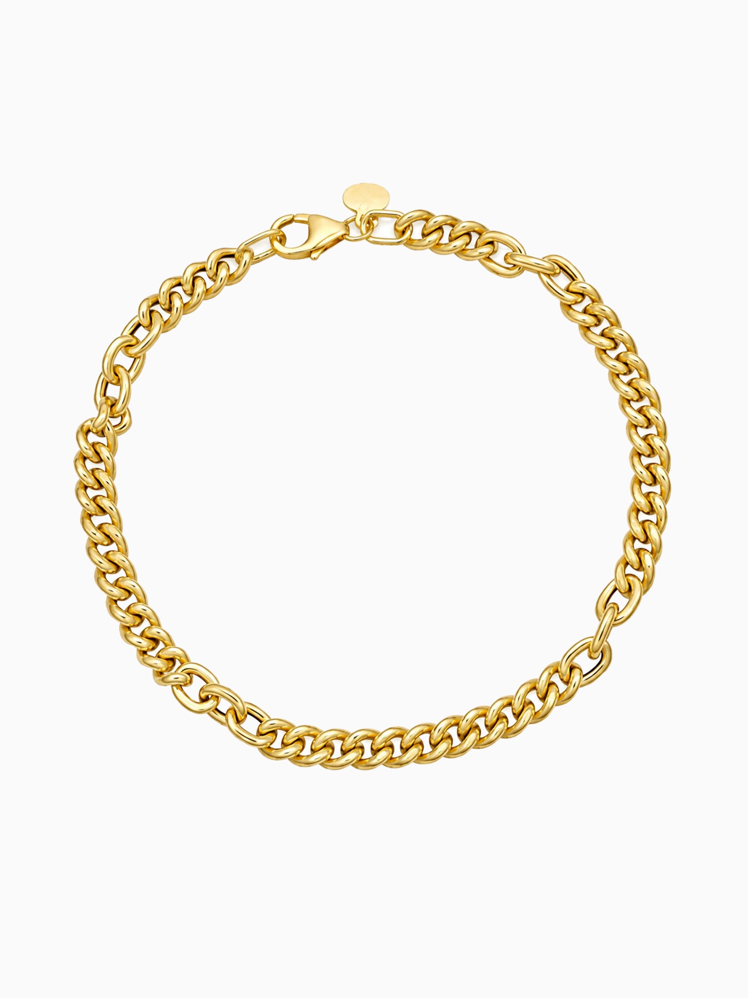 A gold curb chain bracelet with a lobster clasp and a small round tag, displayed on a clean white background.