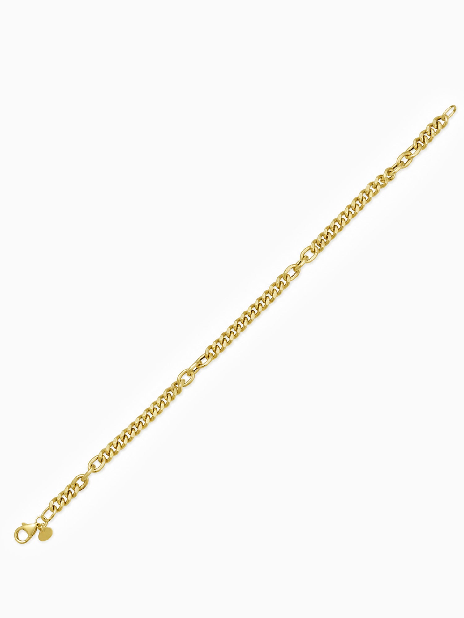 A gold chain link bracelet with a lobster clasp, shown diagonally on a plain white background.
