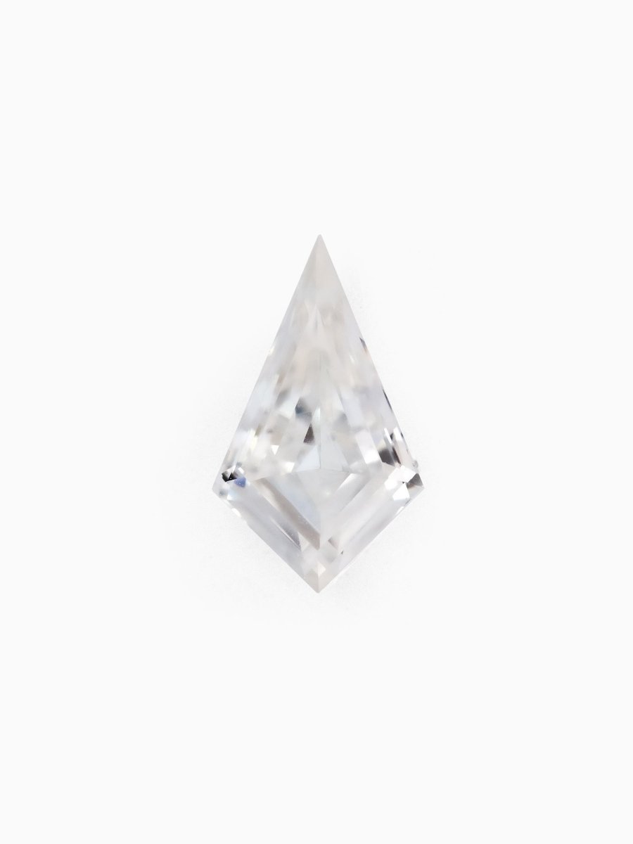 top view of loose lab-grown kite moissanite gemstone, sustainable and conflict-free