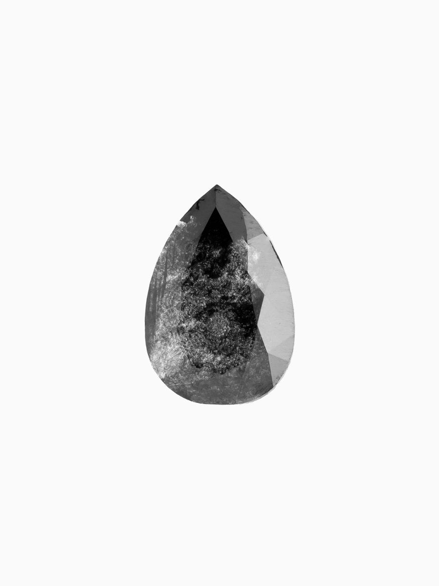 face view of loose lab-grown pear salt pepper diamond gemstone, sustainable and conflict-free