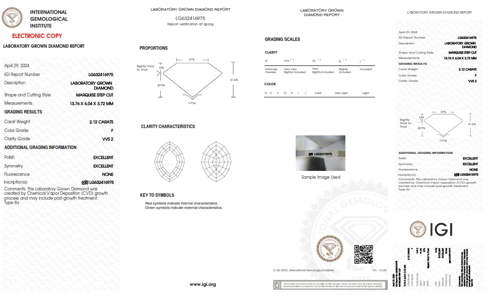Diamond appraisal report with IGI logo on a white background