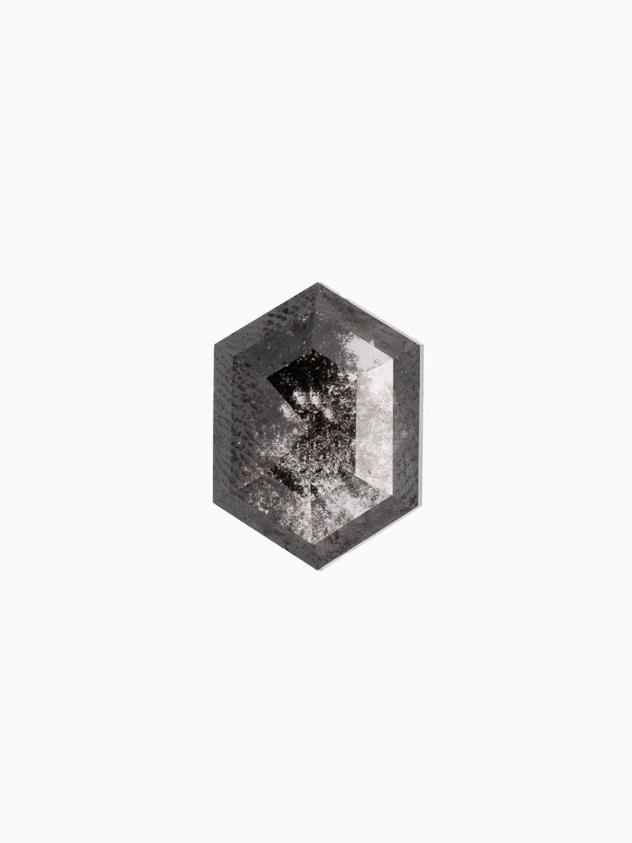 face view of loose lab-grown hexagon salt pepper diamond gemstone, sustainable and conflict-free