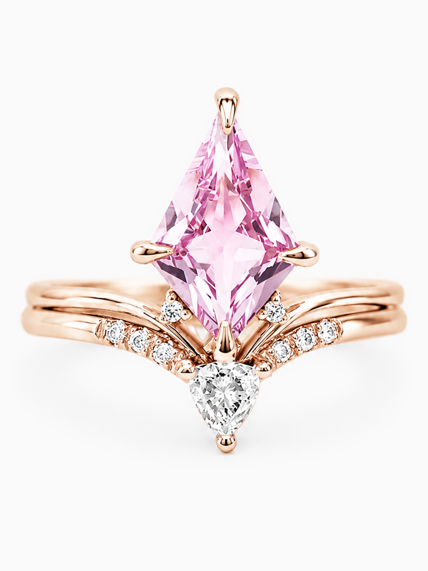 Pink Sapphire Kite engagement ring wedding ring set diamond bridal jewelry