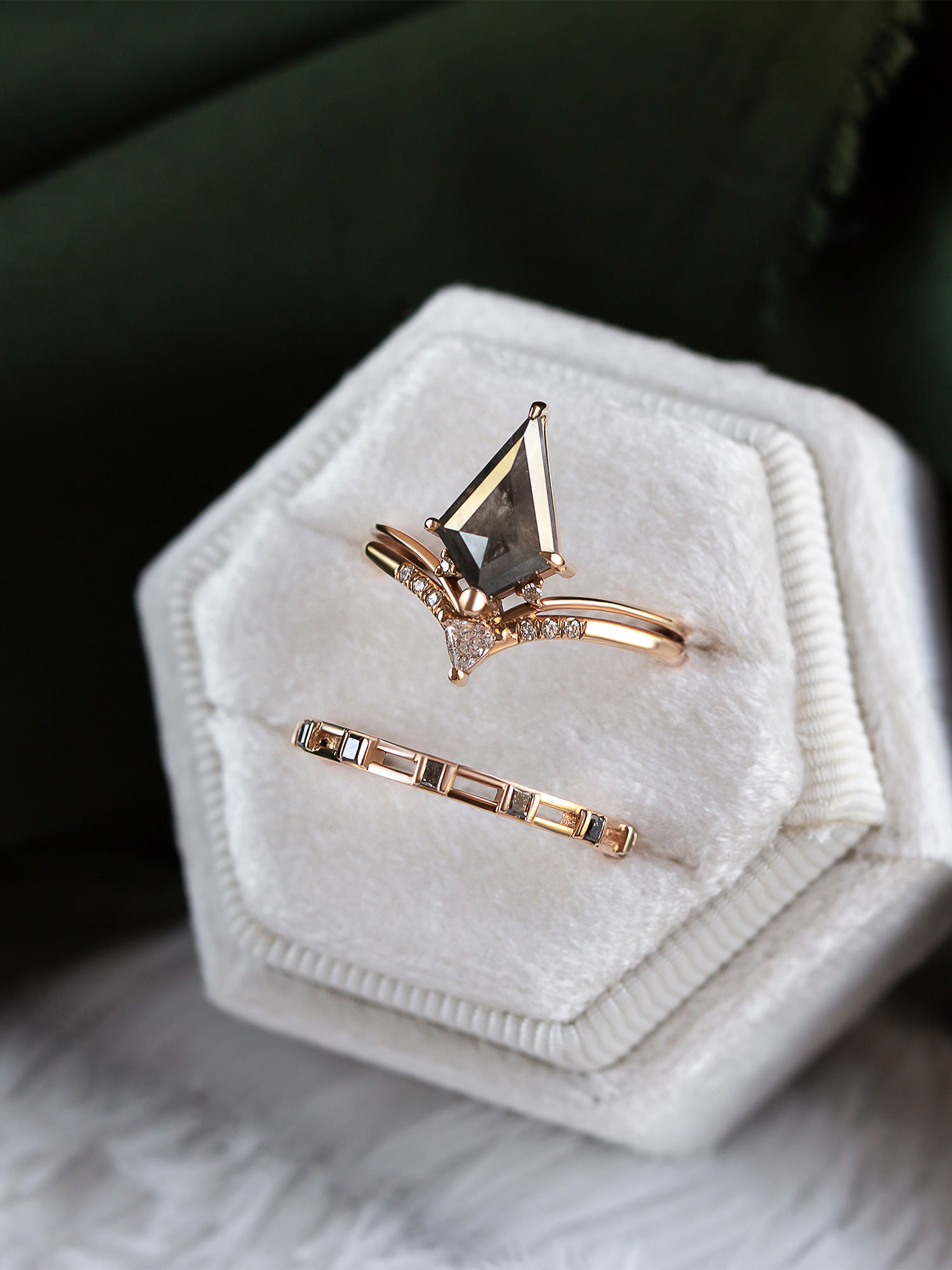 Kite salt and pepper diamond unique architectural fine jewelry engagement ring wedding ring set 