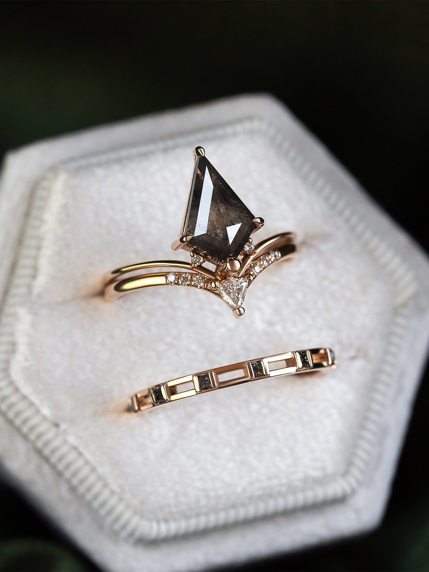 14k rose gold kite salt and pepper diamond engagement ring wedding ring delicate wedding ring