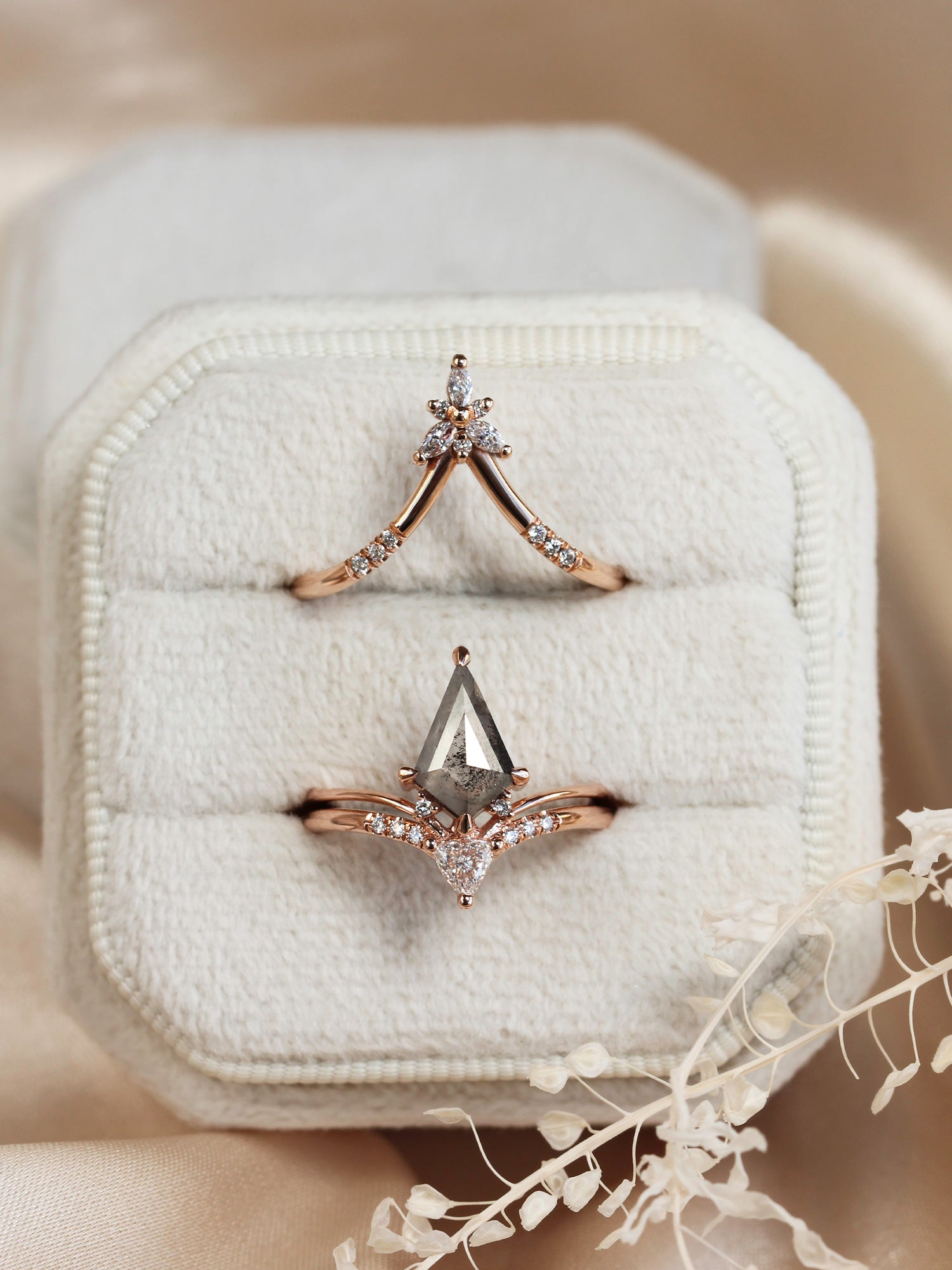 Kite rose cut salt and pepper diamond 14k rose gold fine jewelry engagement ring 