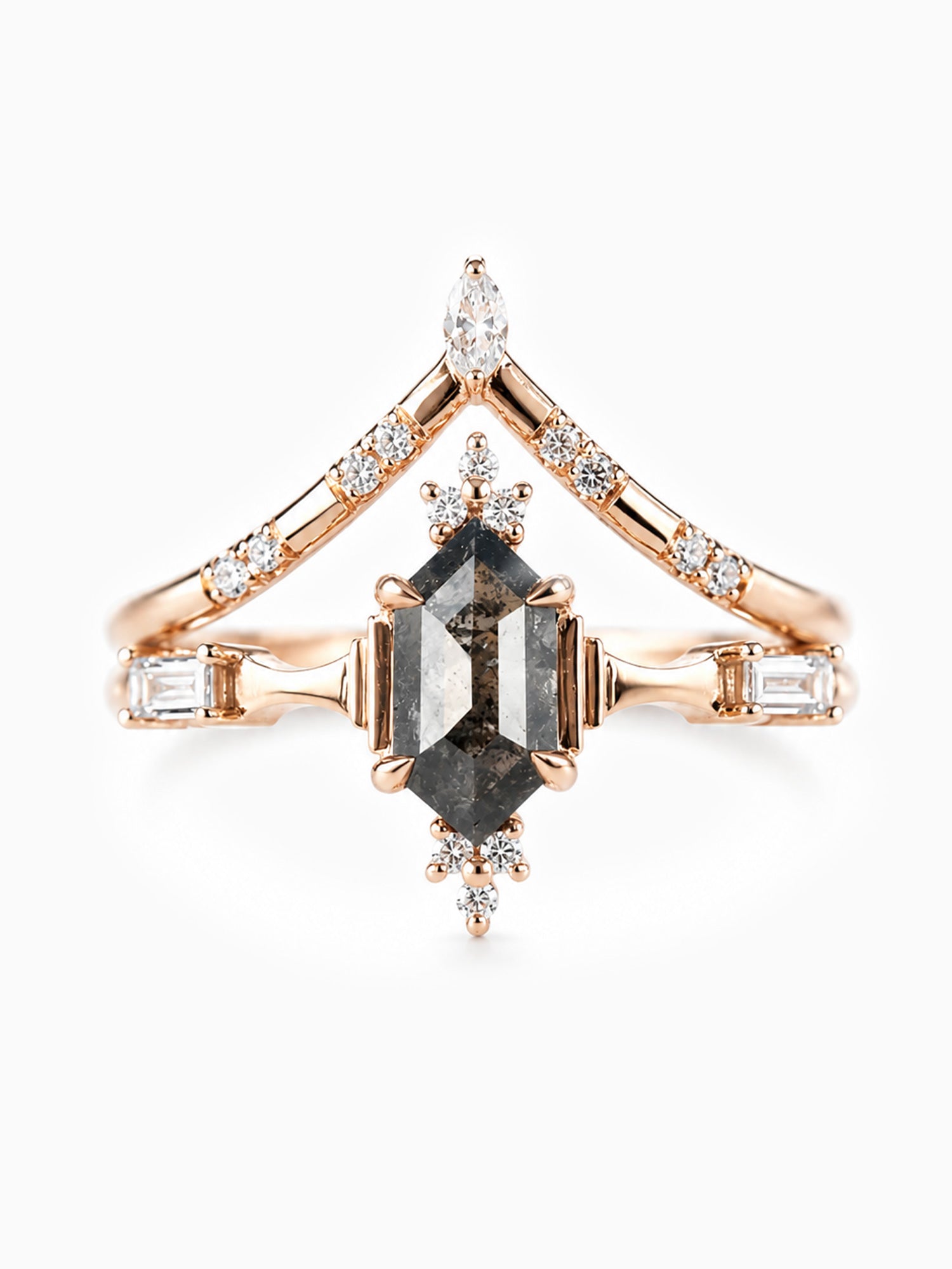 Hexagon engagement ring stacking rings diamond wedding bands 