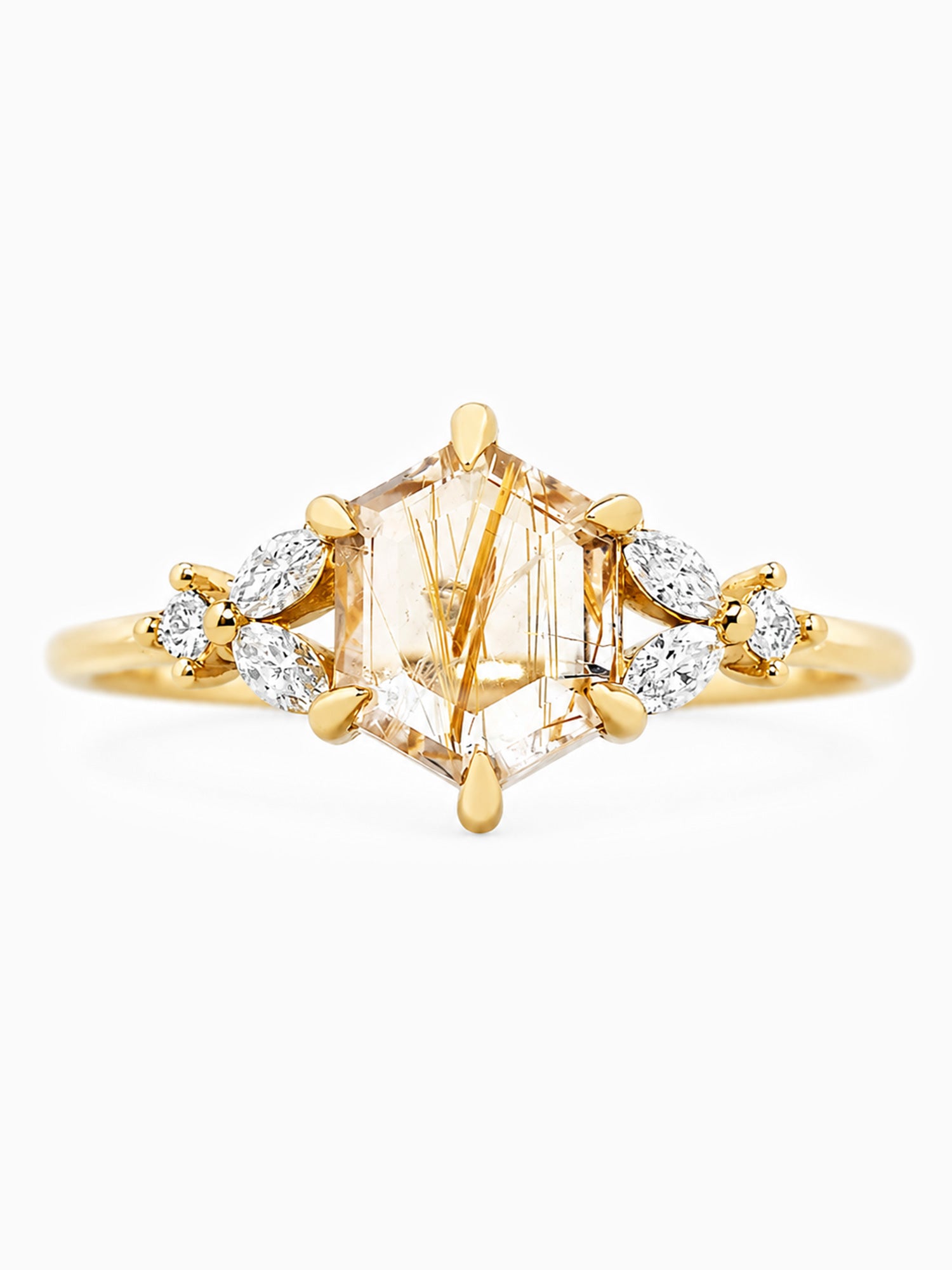 Rutilated quartz hexagon engagement ring fine jewelry diamond wedding ring 14k yellow gold