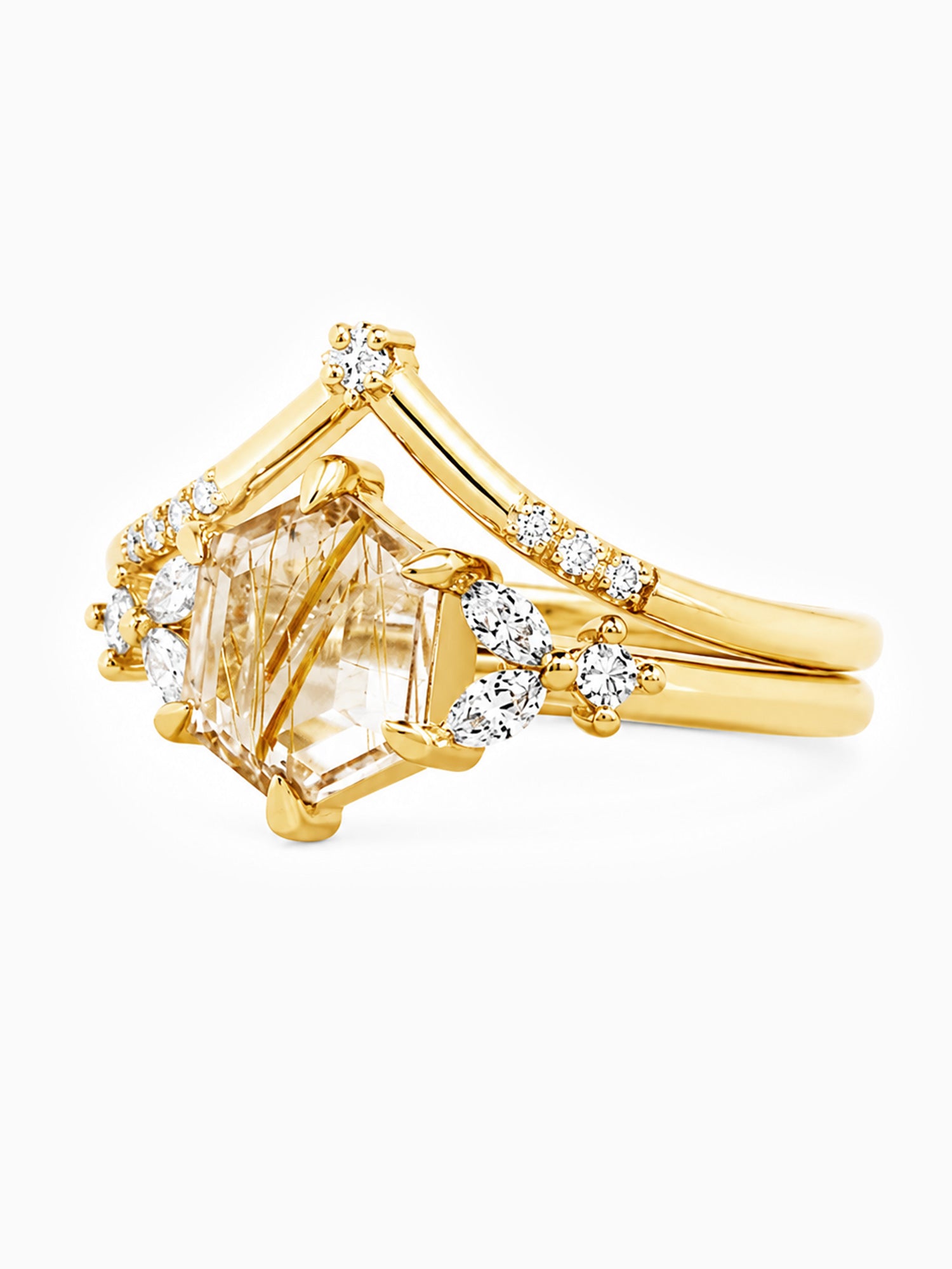 Hexagon Diamond wedding rings 14k yellow gold stacking rings