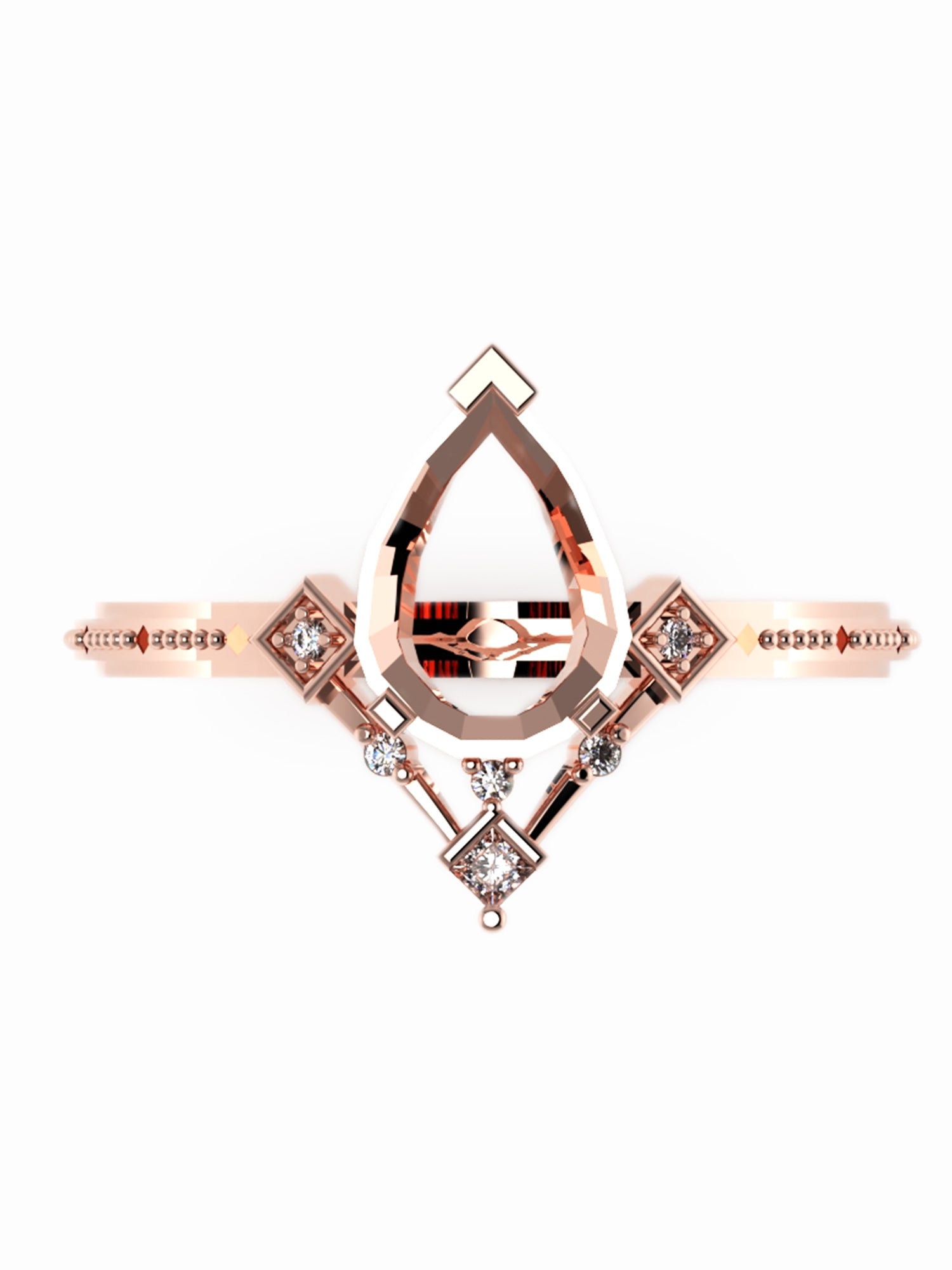 Rose gold ring with gemstones on a white background