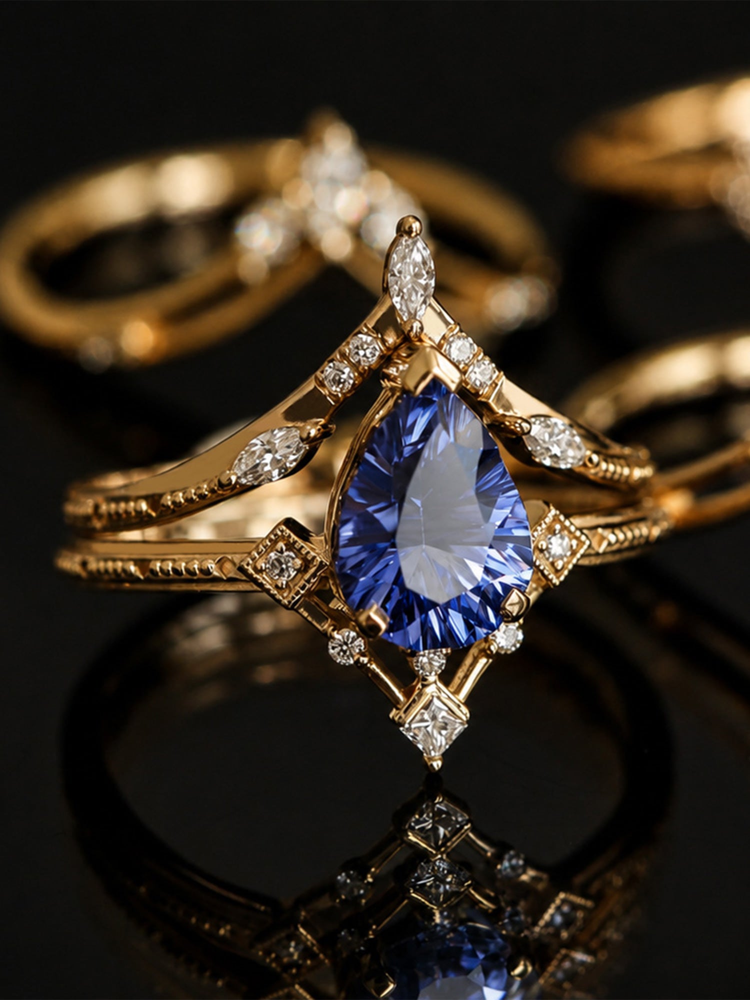 Gold ring with a blue gemstone and diamonds on a dark background