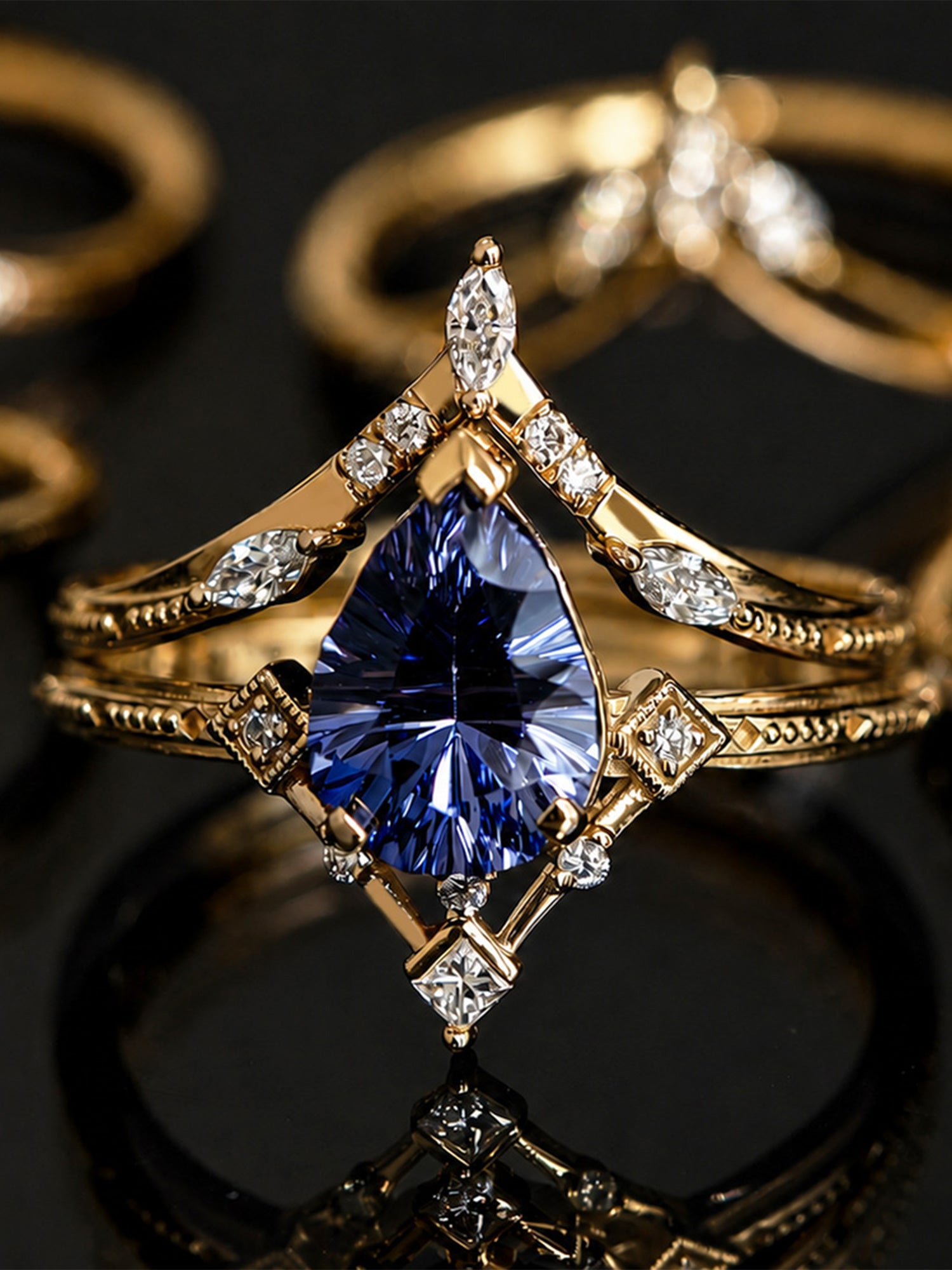Pear blue lab grown sapphire engagement ring set wedding ring diamond rings