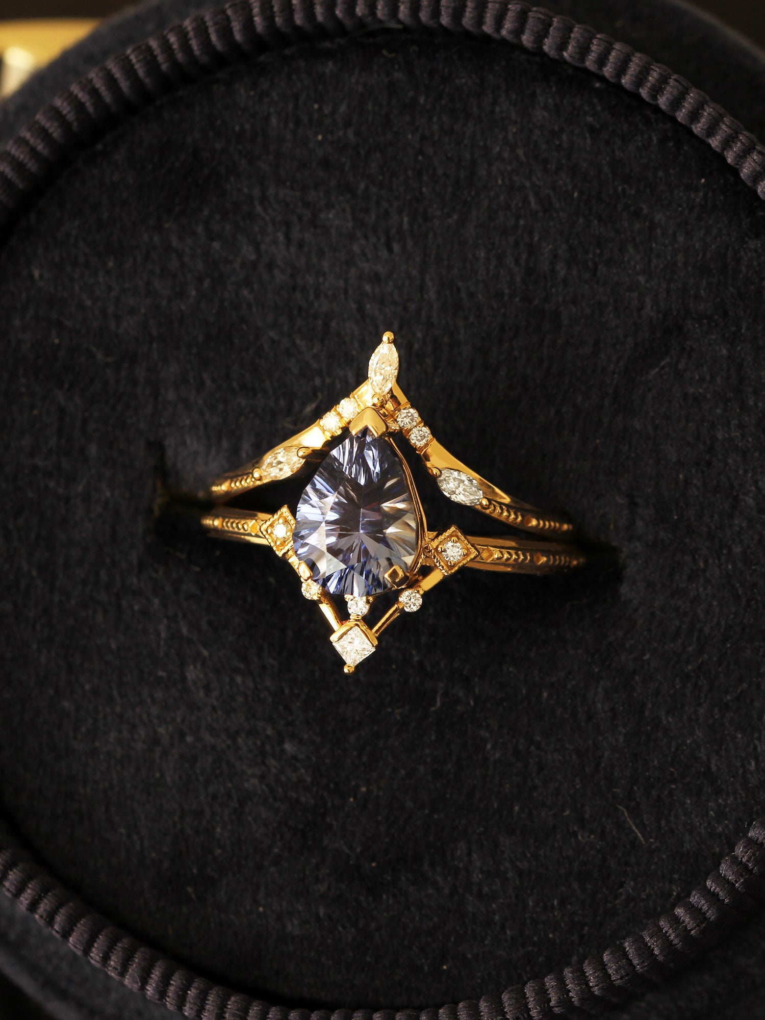 Designer cut sapphire pear gemstone Aurel ring set architectural design fine jewelry engagement rings stacking rings