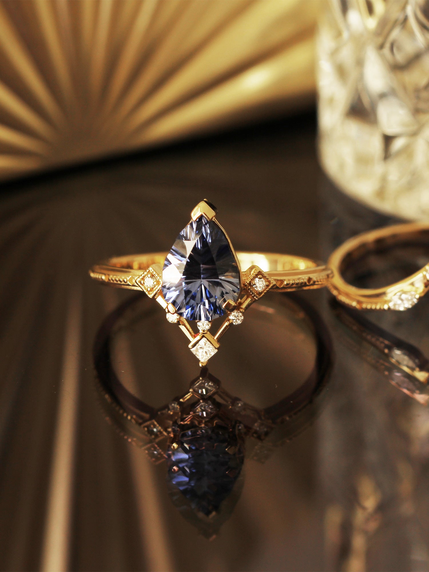 Pear Sapphire Engagement ring Architecture fine jewelry modern art deco fine jewelry