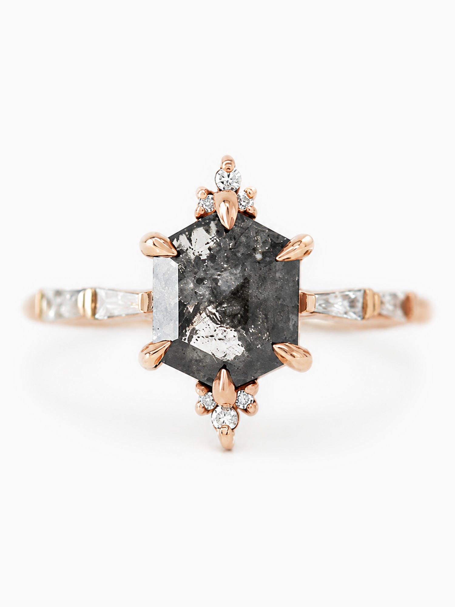 Hexagon salt and pepper diamond engagement ring diamond wedding ring architectural ring art deco
