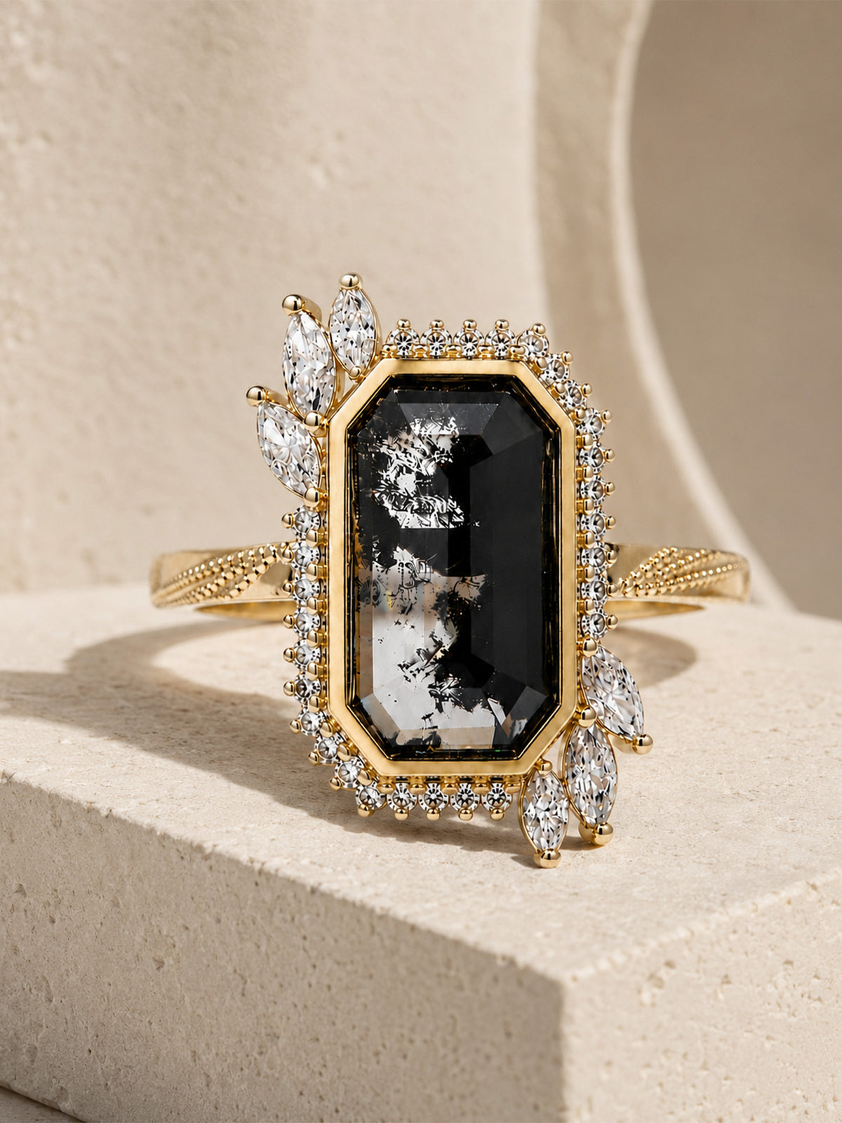 Salt and pepper diamond emerald fine jewelry engagement ring wedding ring proposal ring marqruise diamond veiled monuments