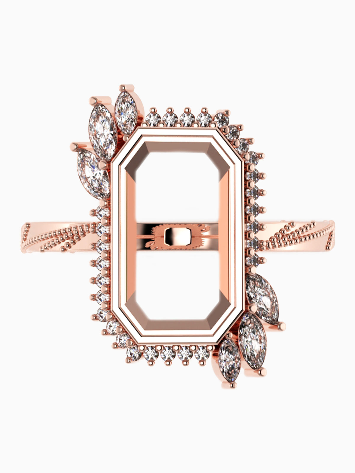 A rose gold ring featuring a large, open octagonal bezel surrounded by small clear stones, with marquise-cut stones on the sides, shown against a plain white background.