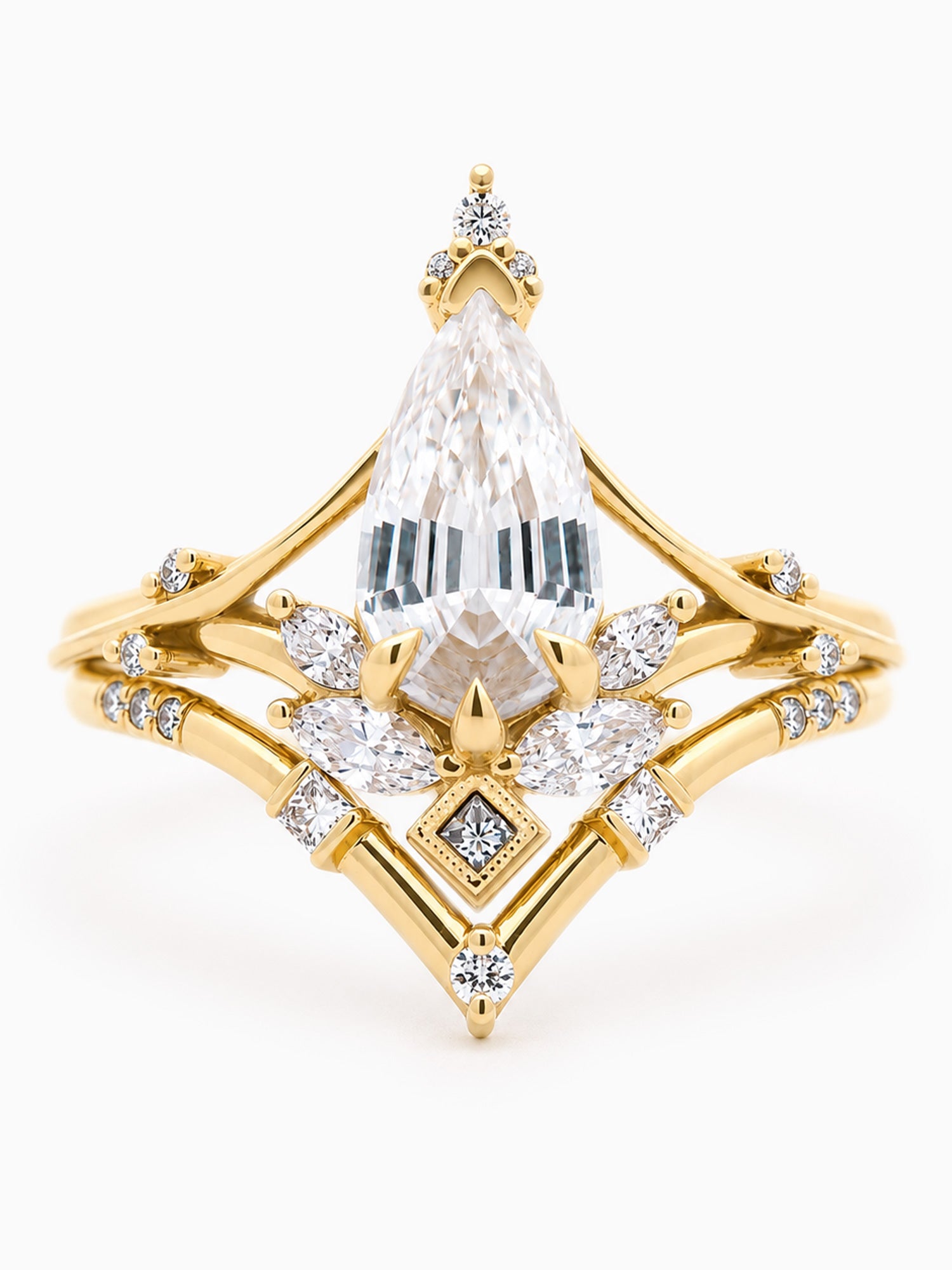 Gold ring with a large central diamond and smaller diamonds on a white background