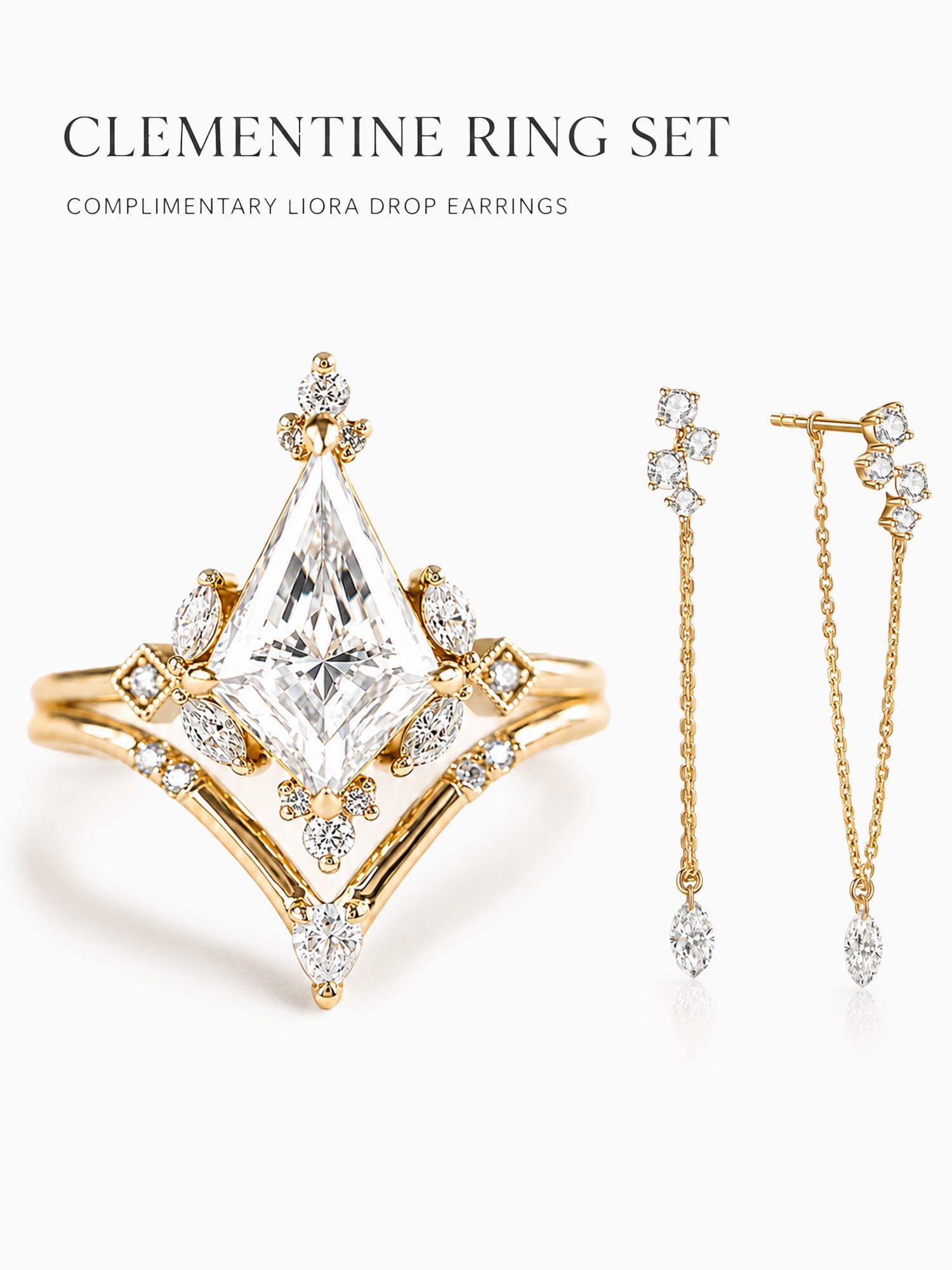 Gold ring set with a large clear teardrop-cut center stone and smaller clear stones, shown beside matching gold drop earrings on a white background. Text at the top reads 'CLEMENTINE RING SET' and 'COMPLIMENTARY LIORA DROP EARRINGS.