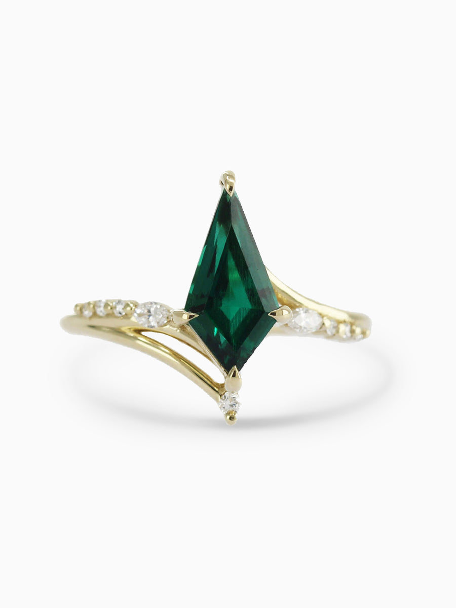 Renee Ring HiddenSpace Emerald Kite 14k Yellow Gold Engagement Ring with Asymmetrical Slope Design Inspired by Art Deco Architecture Marquise Open Band Round Melee Diamonds Marquise Diamond Prong Setting