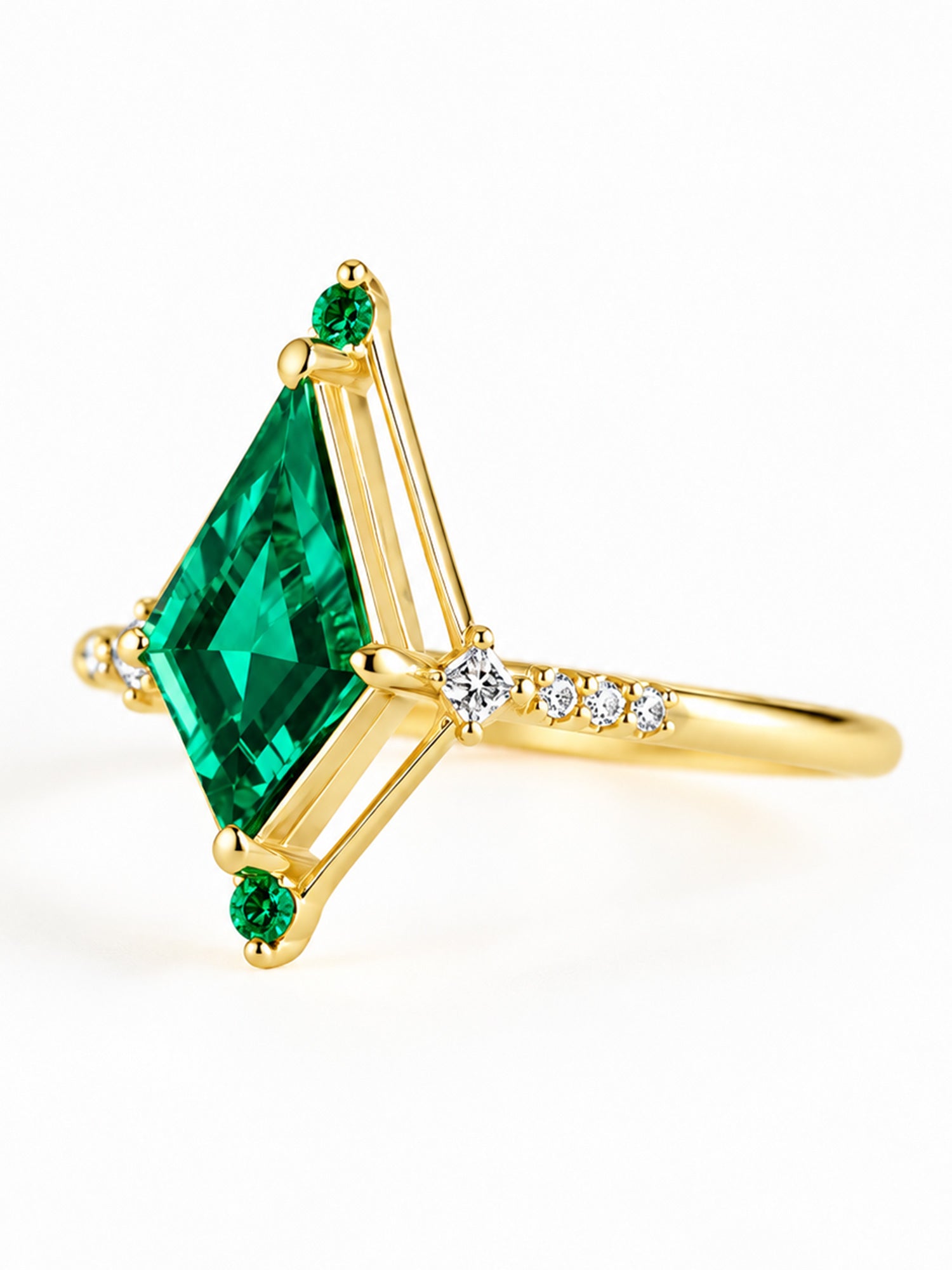 Kite Emerald fine jewelry engagement ring diamond wedding ring unique architectural ring modern art deco