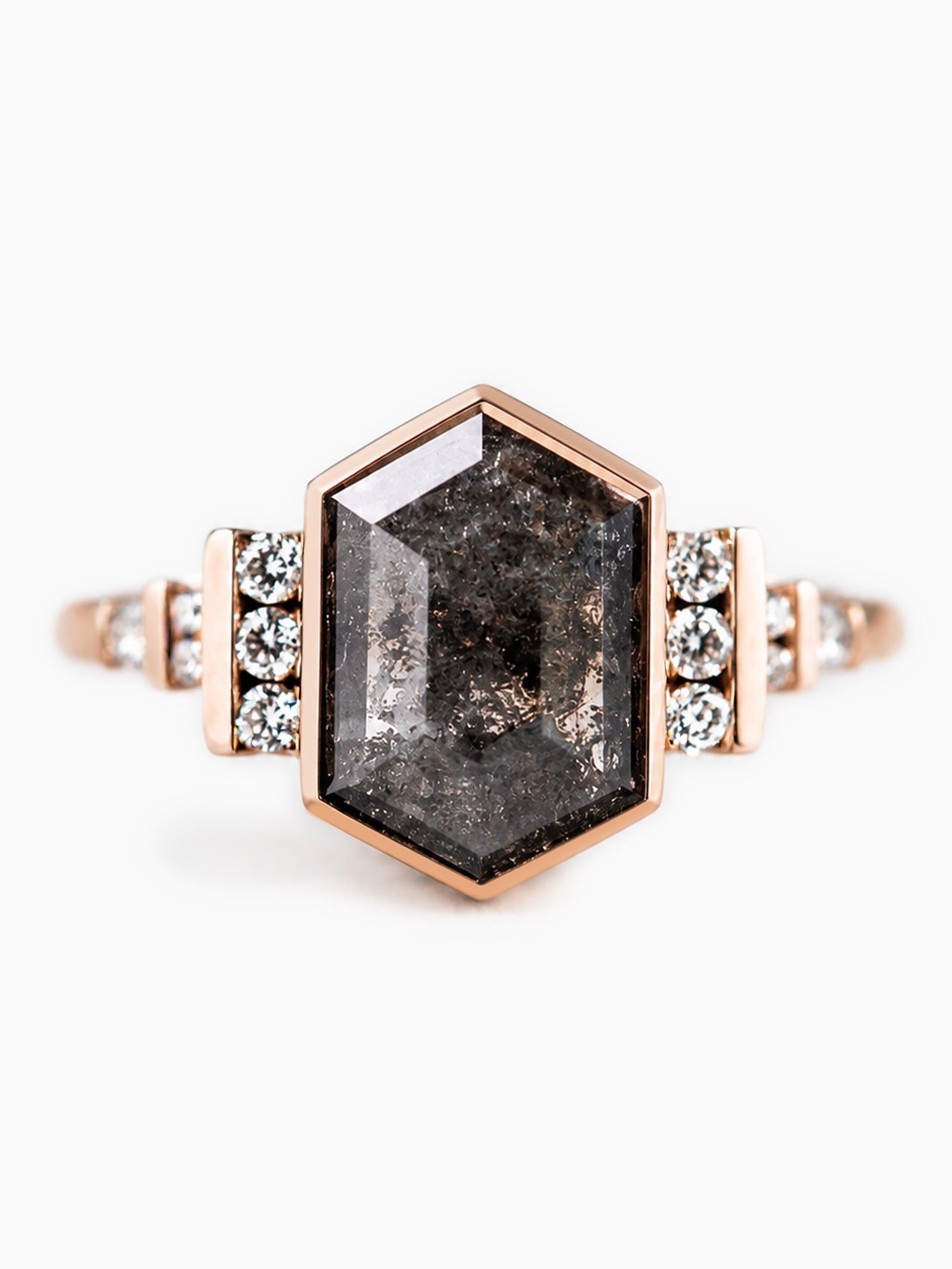 Hexagon salt and pepper diamond fine jewelry engagement ring diamond architectural wedding ring