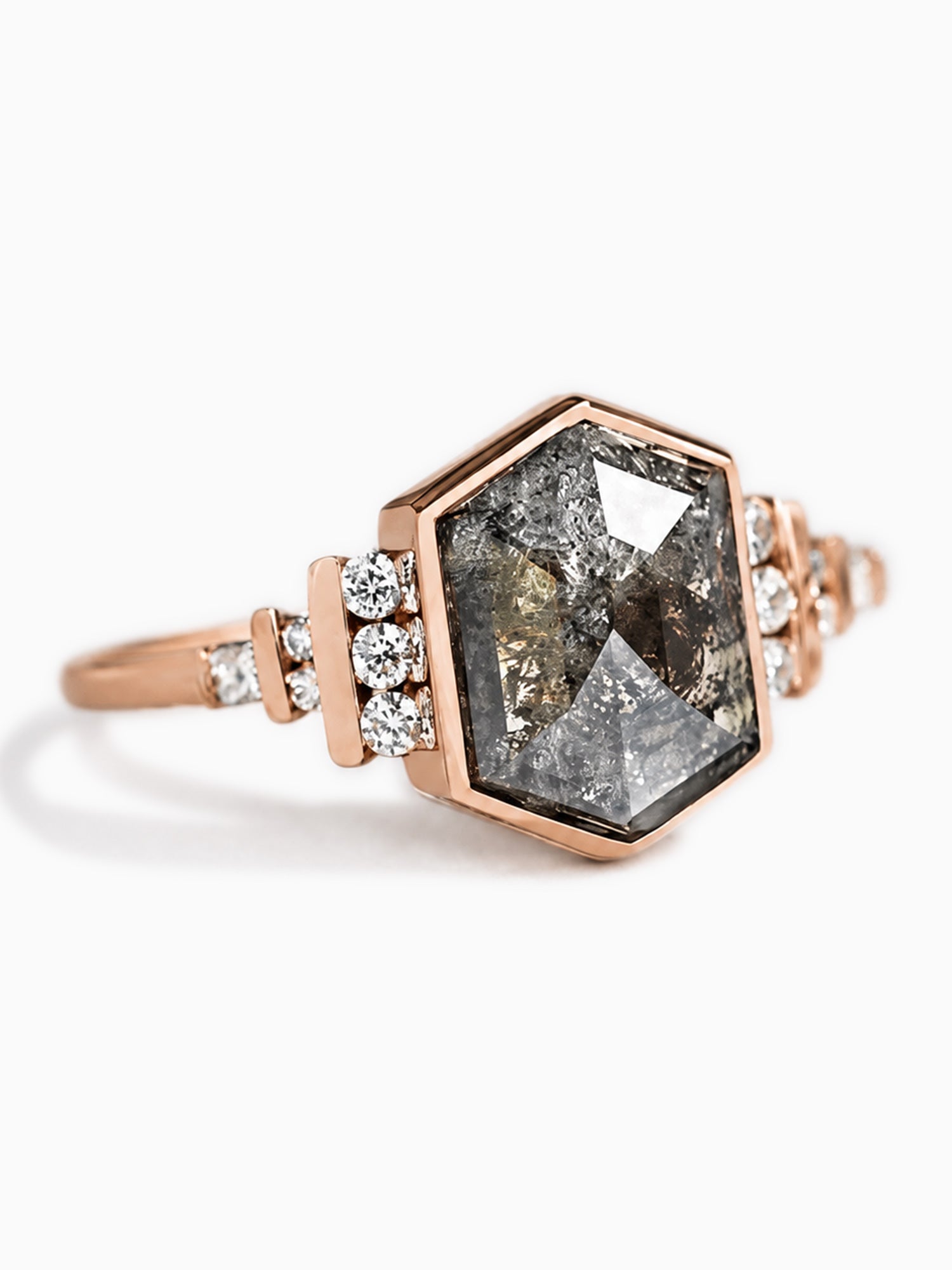 Hexagon salt and pepper diamond wedding ring diamond fine jewelry