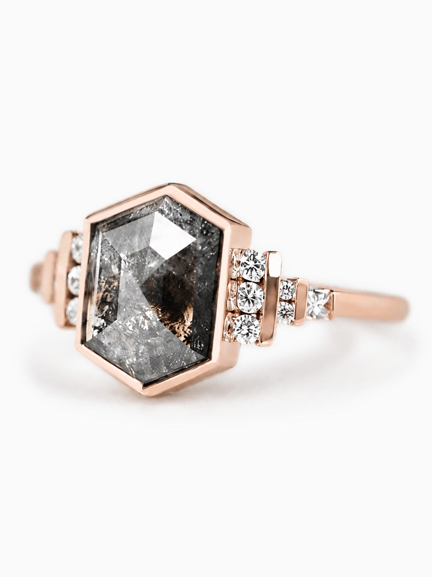 Hexagon salt and pepper diamond engagement ring 14k rose gold unique wedding ring