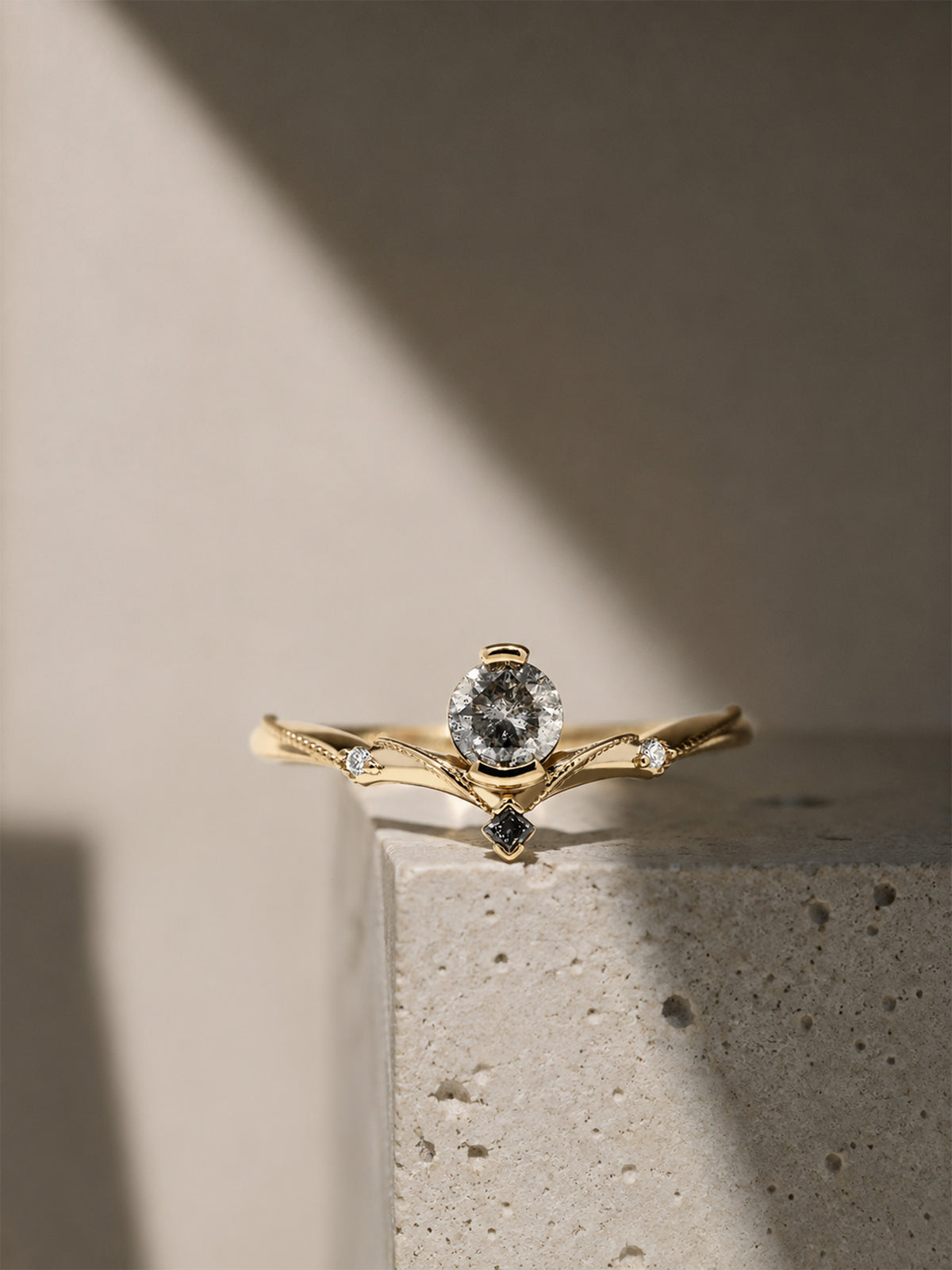 14k yellow gold round salt and pepper diamond statement ring unique one of a kind ring 