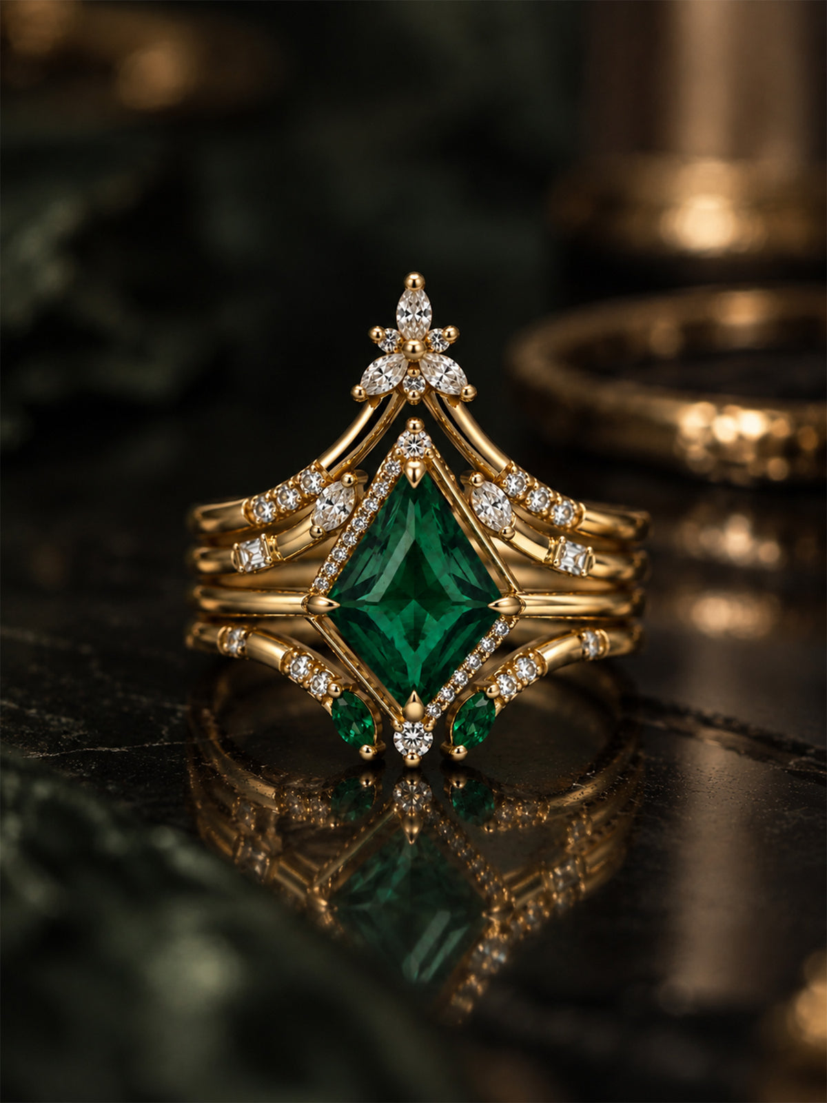 Kite Emerald fine jewelry diamond wedding bands stacking rings 14k yellow gold architectural art deo rings diamond stacking rings