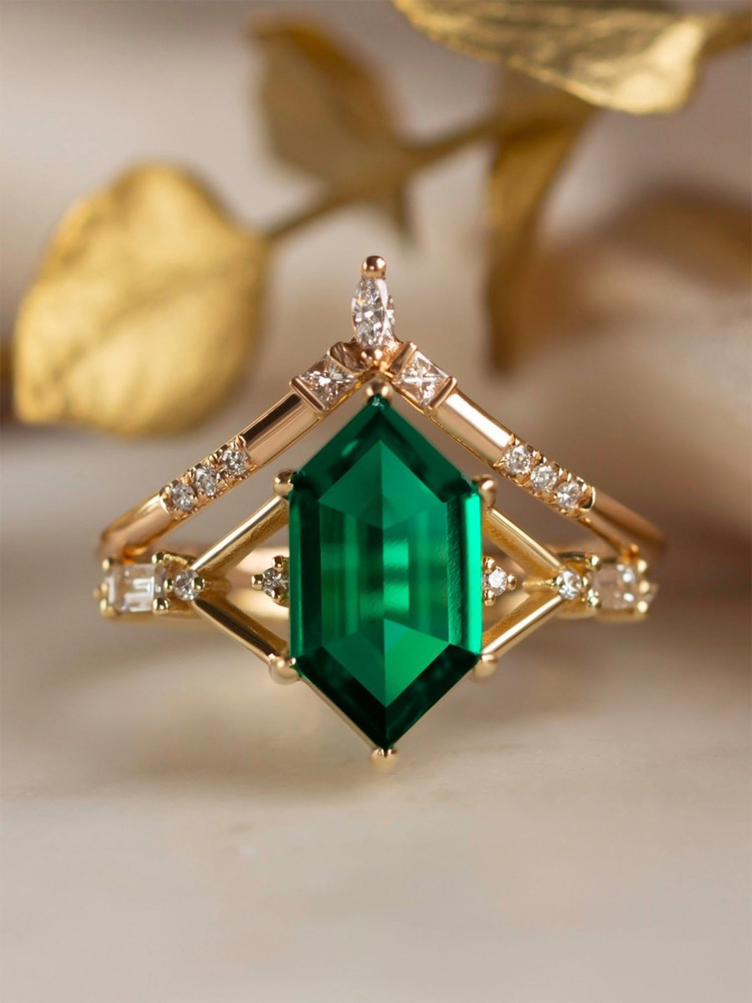 Hexagon Emerald fine jewelry Diamond engagement ring stacking rings