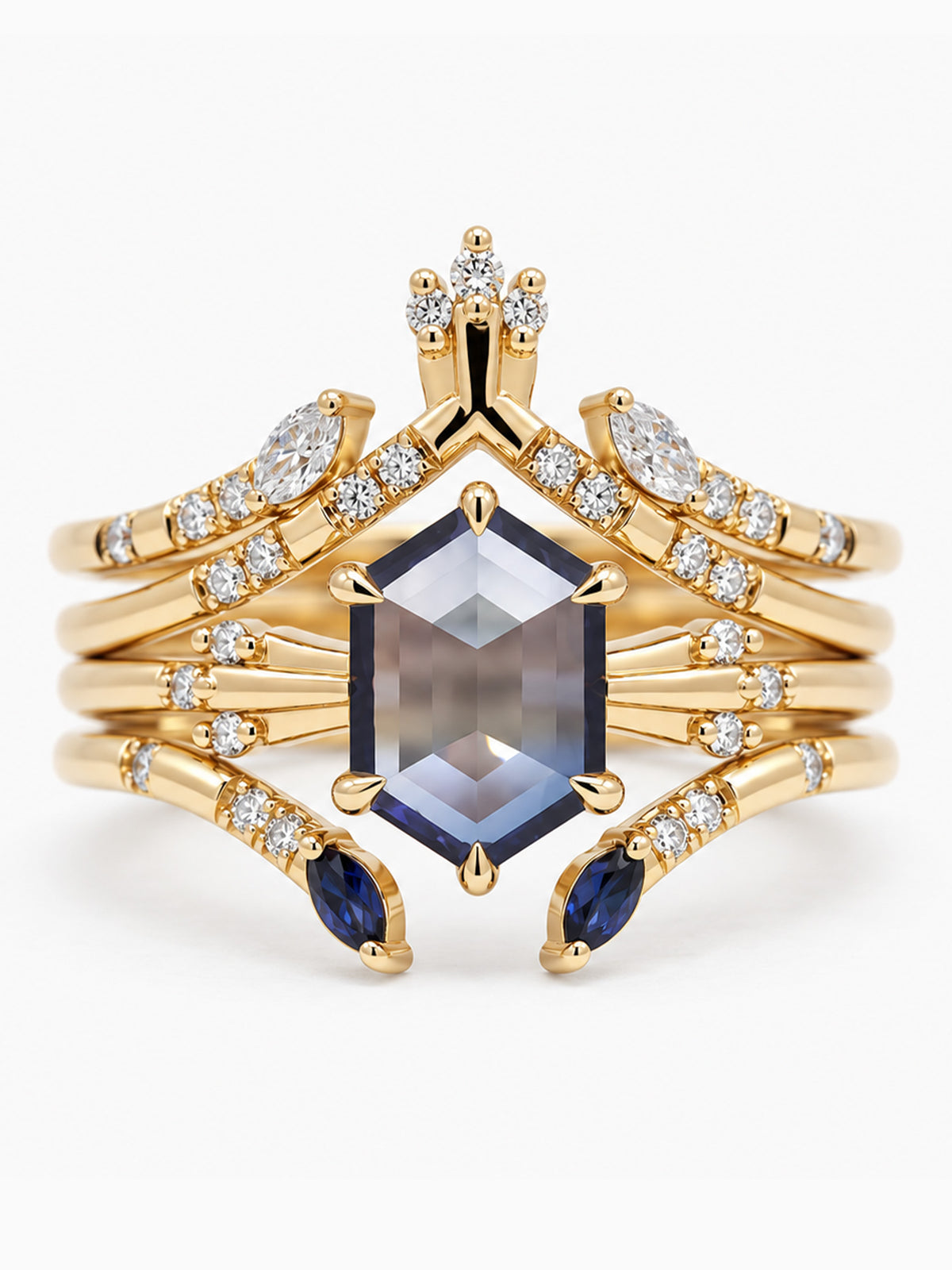 Blue lab-grown sapphire hexagon engagement ring unique art deco fine jewelry wedding ring stacking band diamond luxury fine jewelry