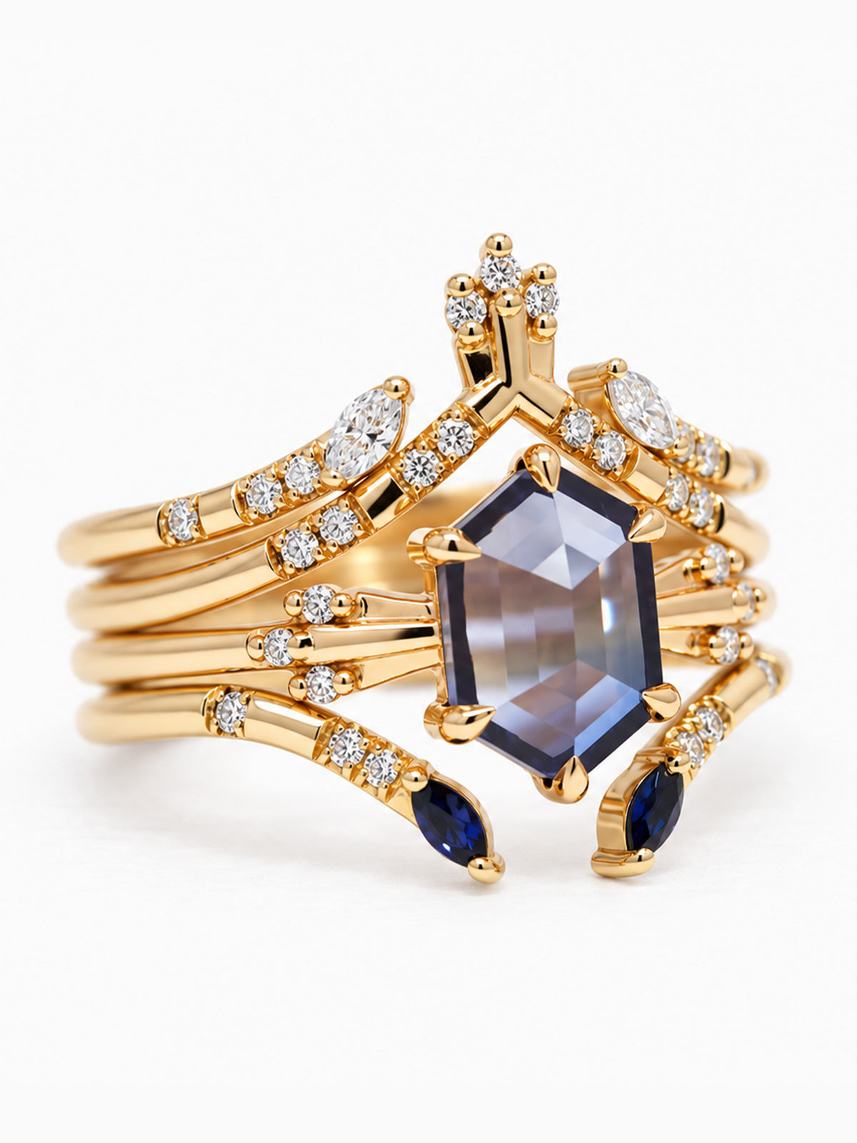hexagon sapphire engagement ring diamond fine jewelry stacking wedding bands unique 14k yellow gold proposal ring