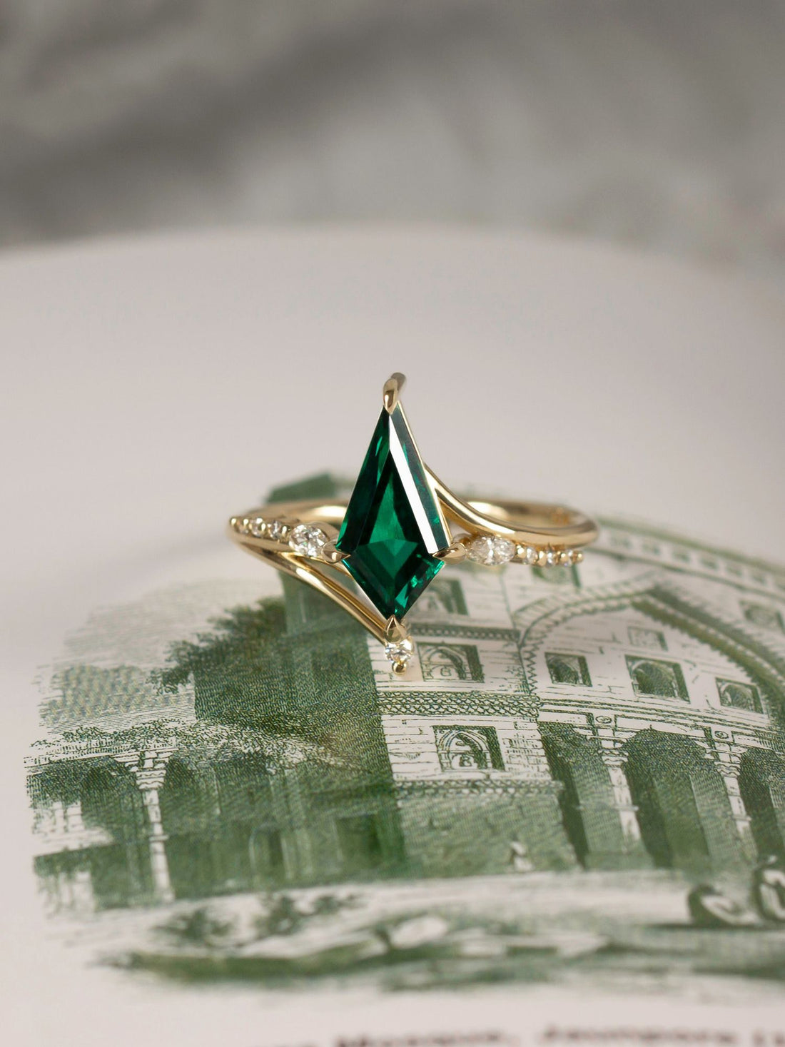 Renee Ring HiddenSpace Jewelry Emerald Kite 14k Yellow Gold Engagement Ring with Asymmetrical Slope Design Inspired by Art Deco Architecture Round Melee Diamonds Marquise Diamond Prong Setting