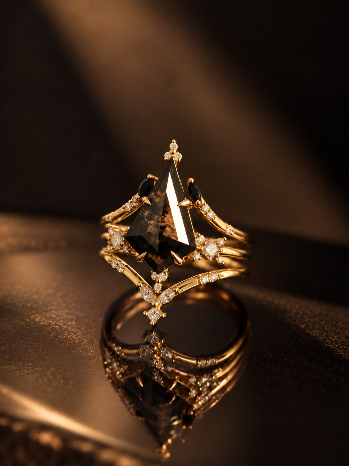salt and pepper kite diamond engagement ring stacking wedding bands 14k yellow gold fine jewelry