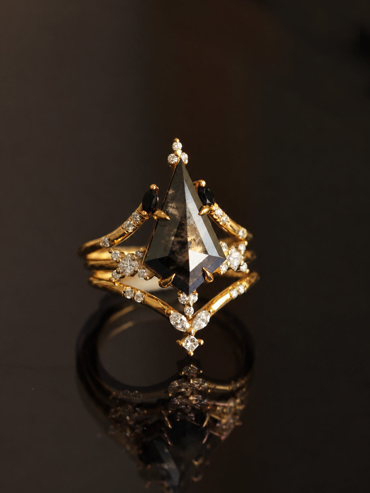 Unique fine jewelry salt and pepper diamond kite stacking rings wedding ring proposal art deco modern rings