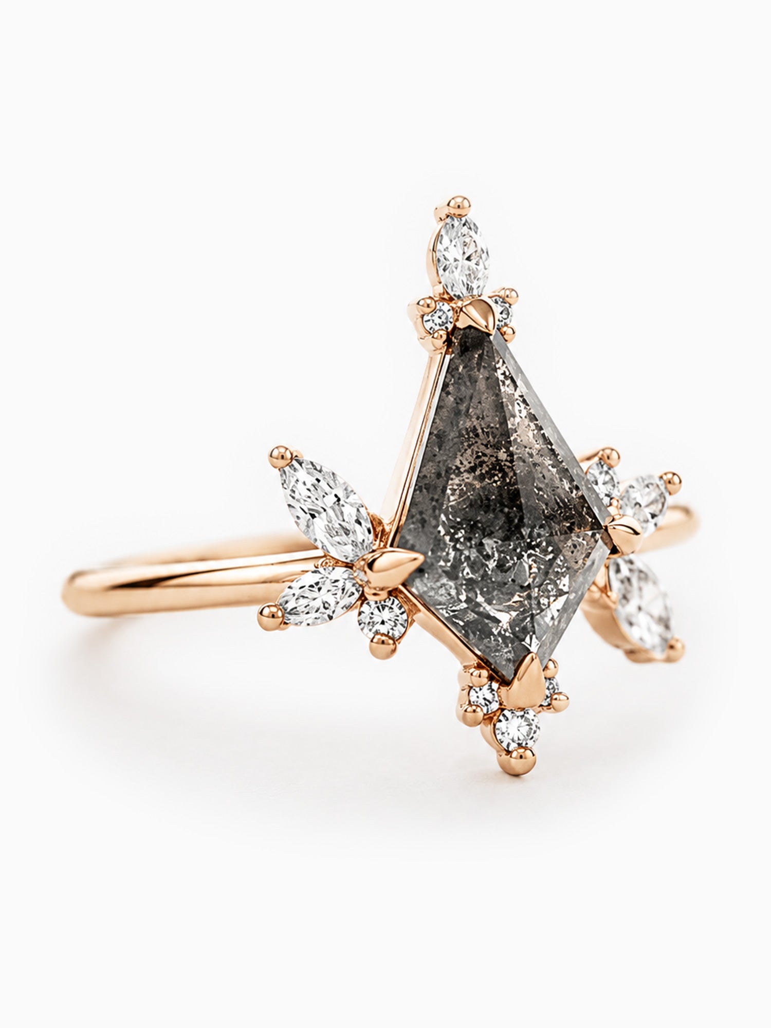 Diamond wedding ring fine jewelry kite salt and pepper diamond engagement ring 14k rose gold unique architectural design ring