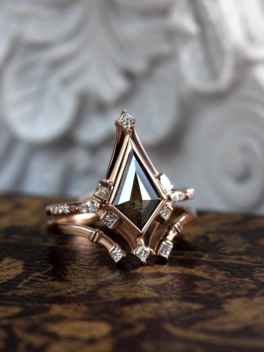 Kite salt and pepper diamond engagement ring modern art deco wedding ring set
