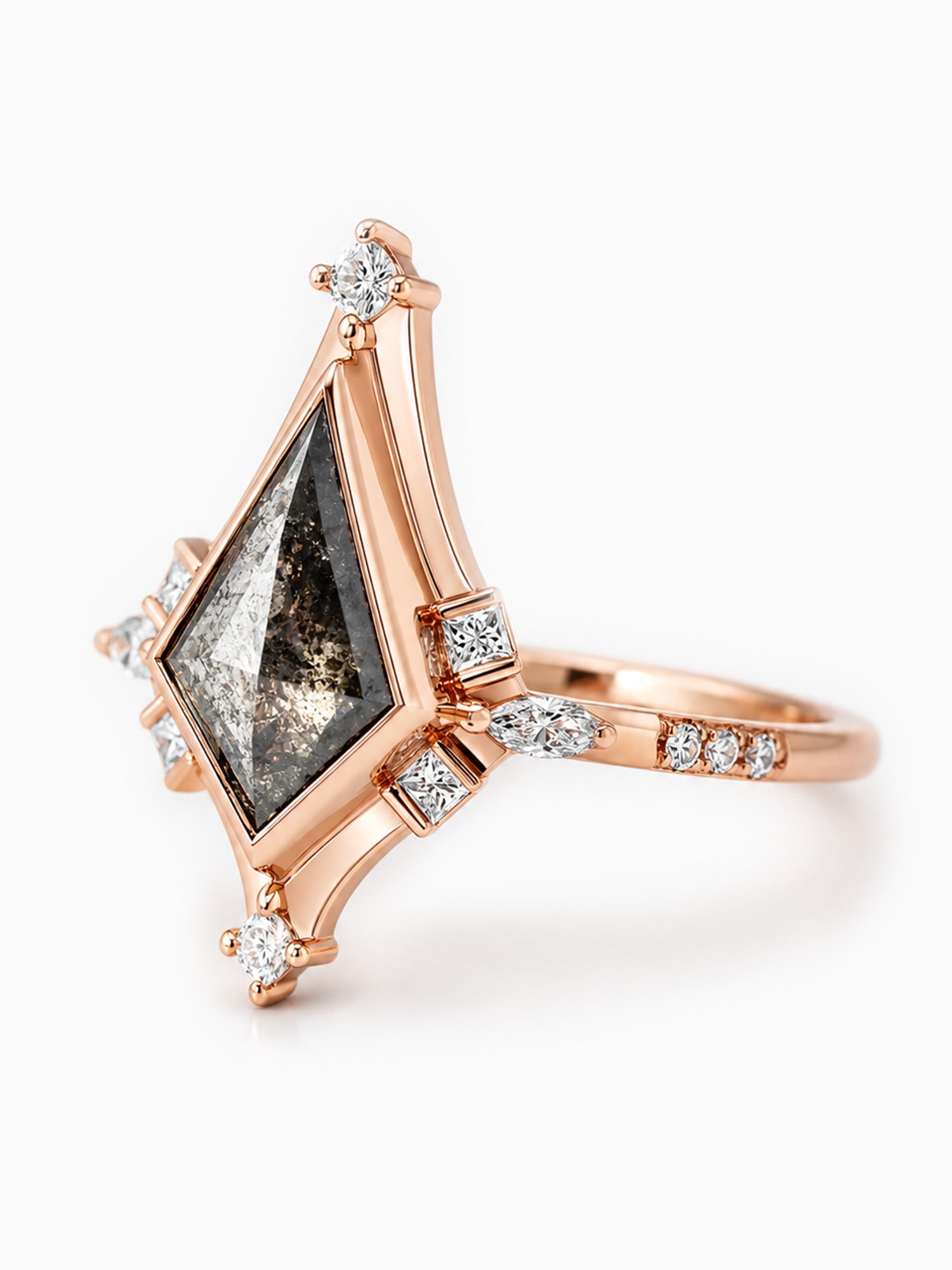 Kite salt and pepper diamond engagement ring unique architectural design fine jewelry