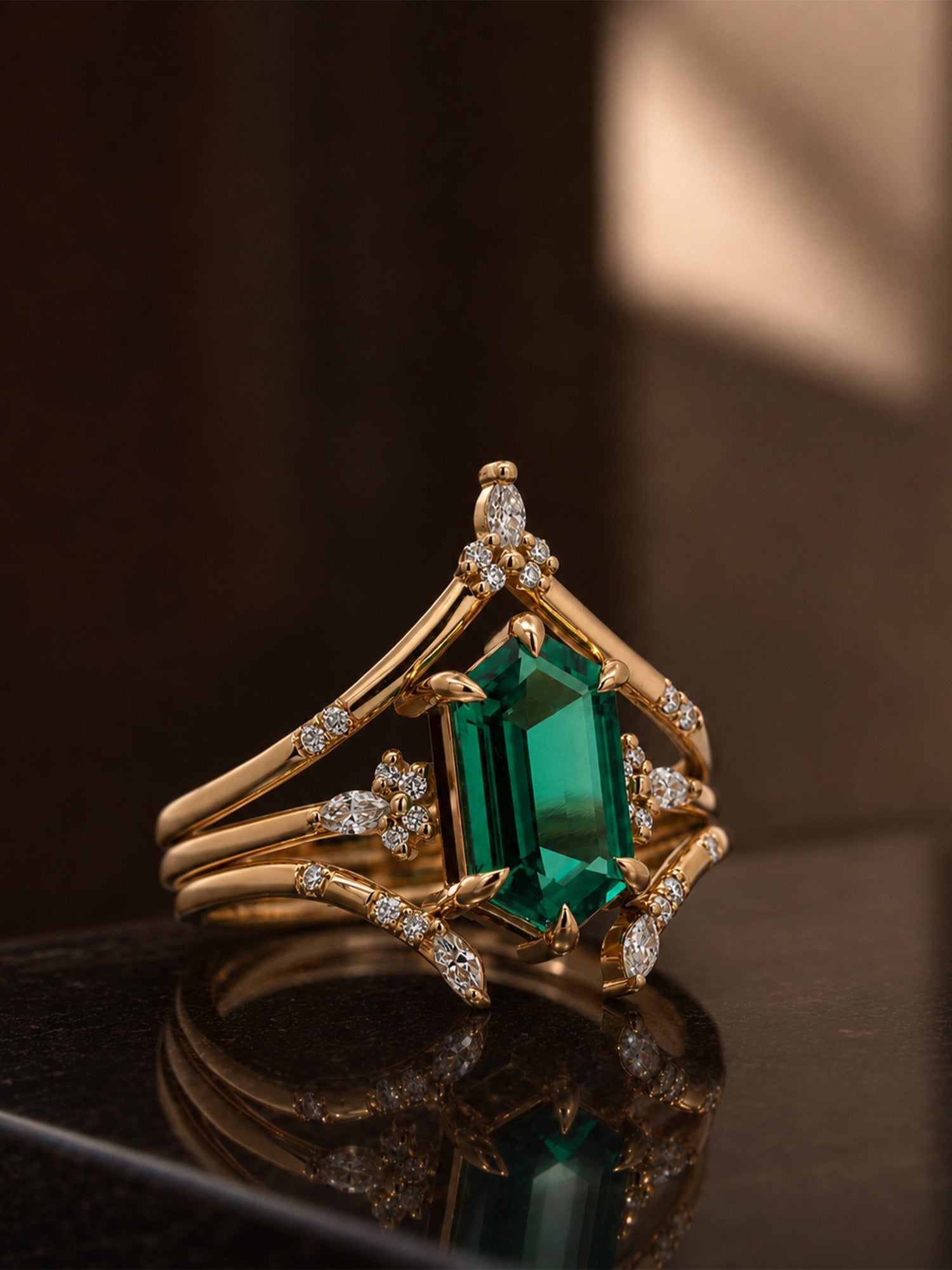 hexagon emerald fine jewelry wedding ring set art deco fine jewelry