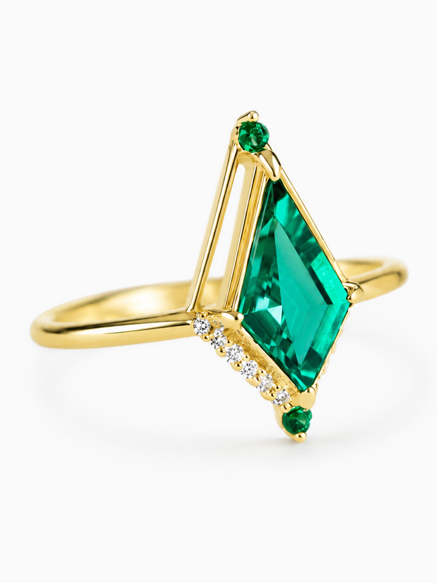 Emerald kite engagement ring 14k yellow gold fine jewelry art deco fine jewelry