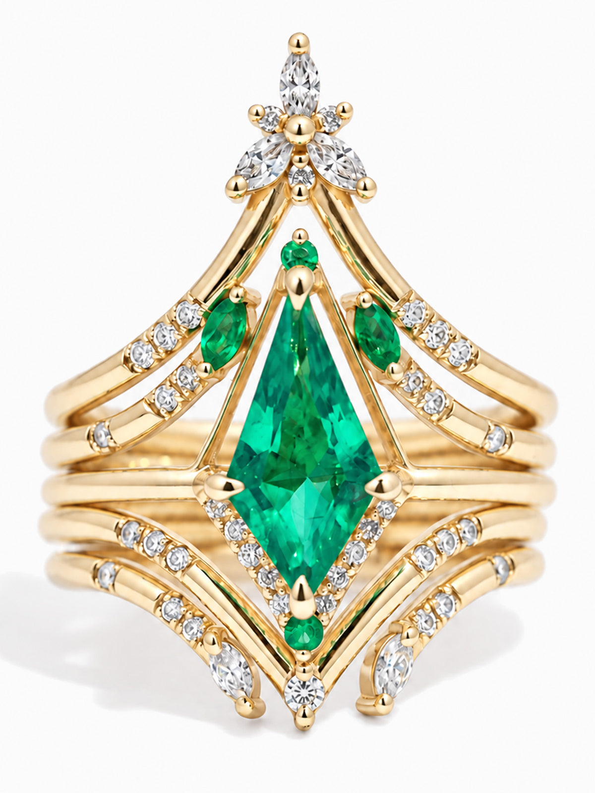 Green Emerald Kite Engagement ring fine jewelry diamond wedding stacking rings unique alternative rings