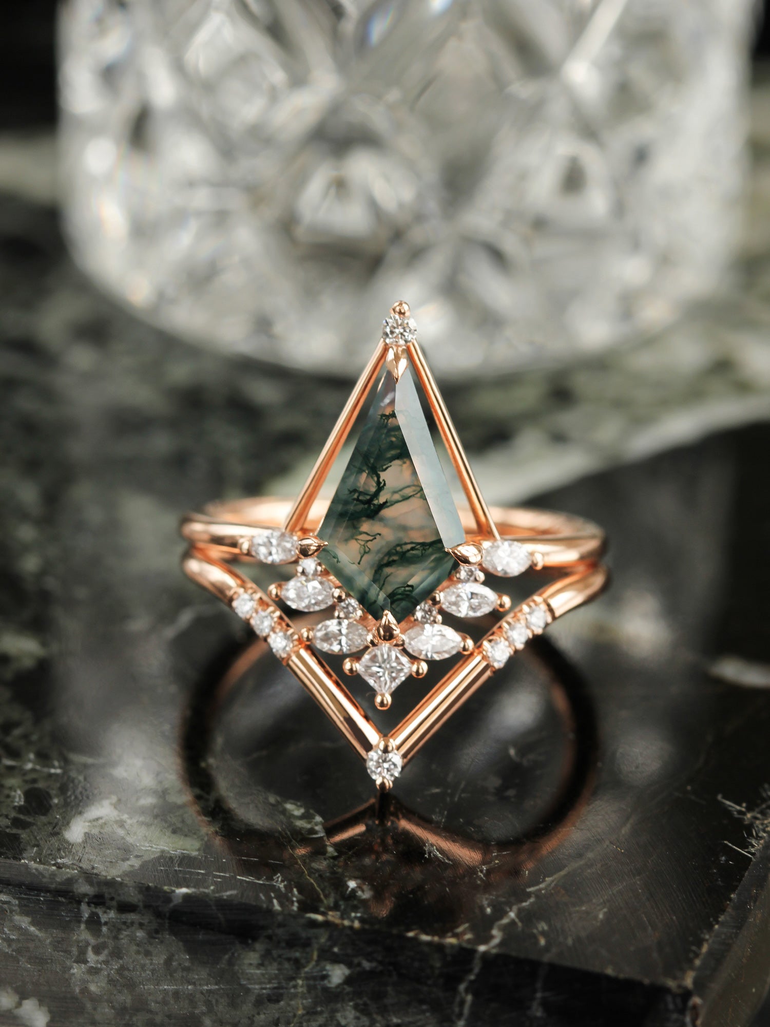 Moss agate Kite Engagement Ring Diamond wedding ring stacking band Fine jewelry 