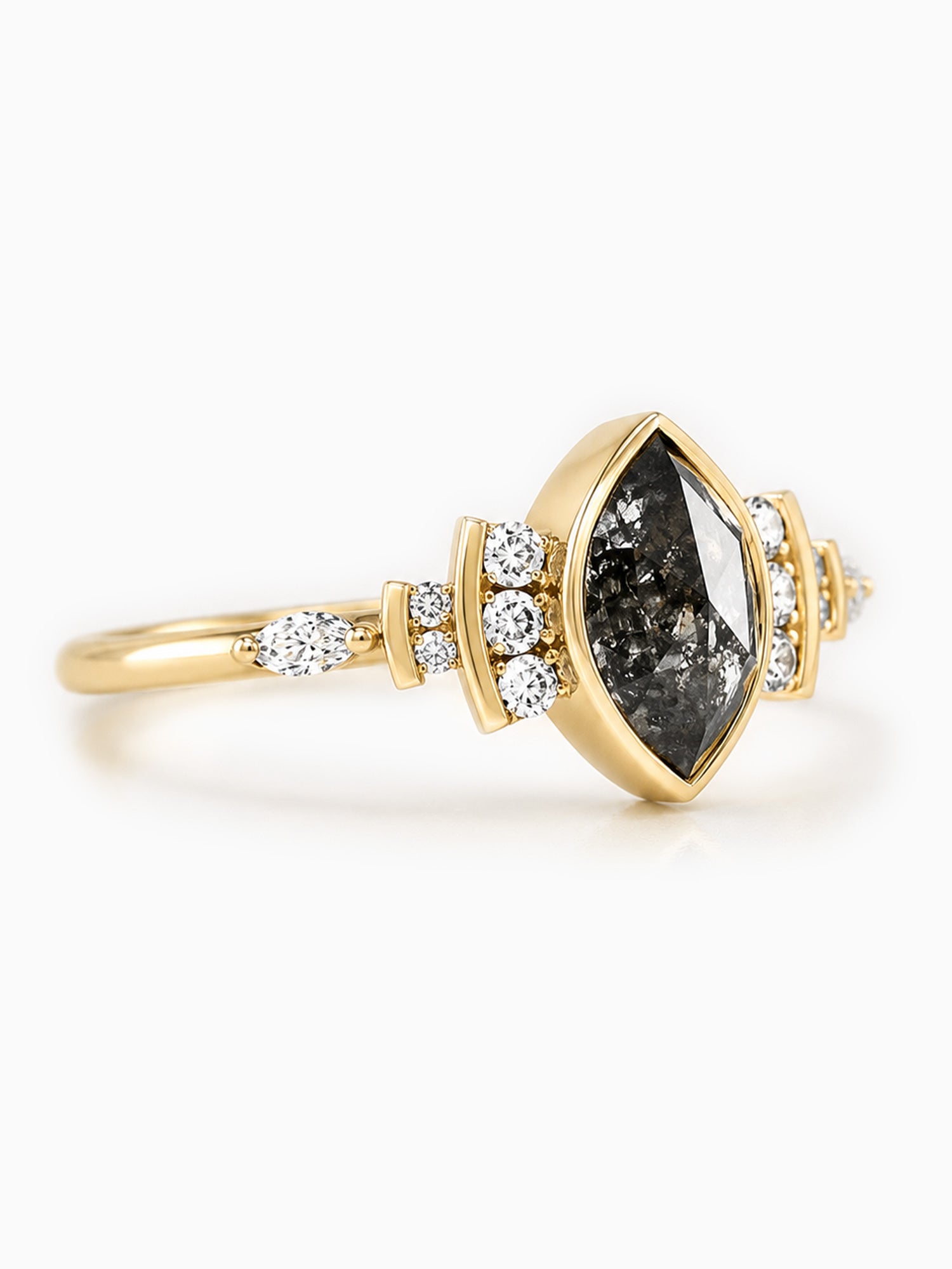 Marquise rose cut salt and pepper diamond engagement ring fine jewelry diamond 14k yellow gold