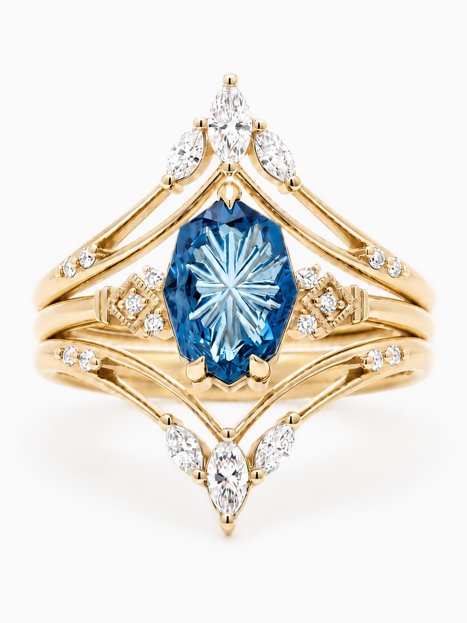 Blue Topaz Engagement ring set matching band fine jewelry wedding ring set art deco fine jewelry